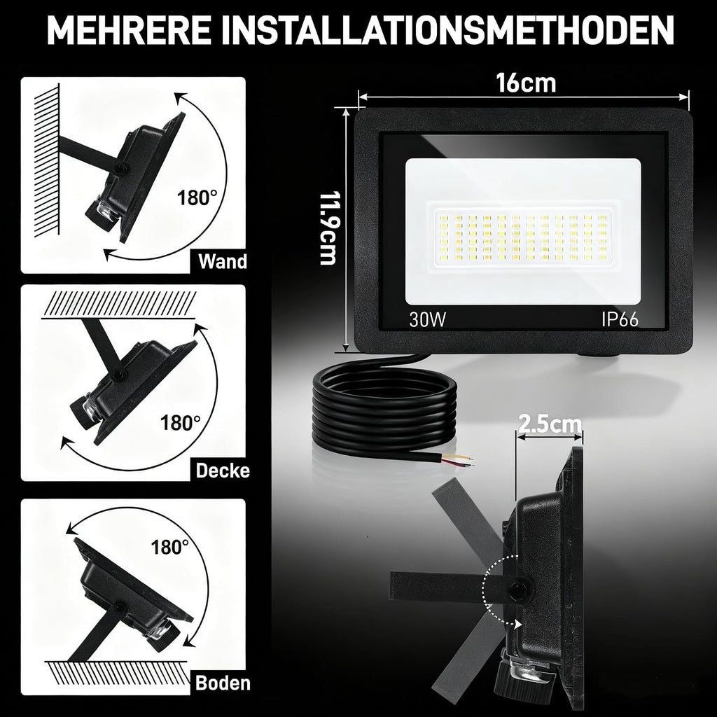 LED Strahler Außen 20/30/50/100W, 3000K/4000K/6500K LED-Strahler Dimmbar, Superhell Fluter Flutlichtstrahler, IP66 Wasserdicht Scheinwerfer Aussenstrahler für Hof, Garten, Garage