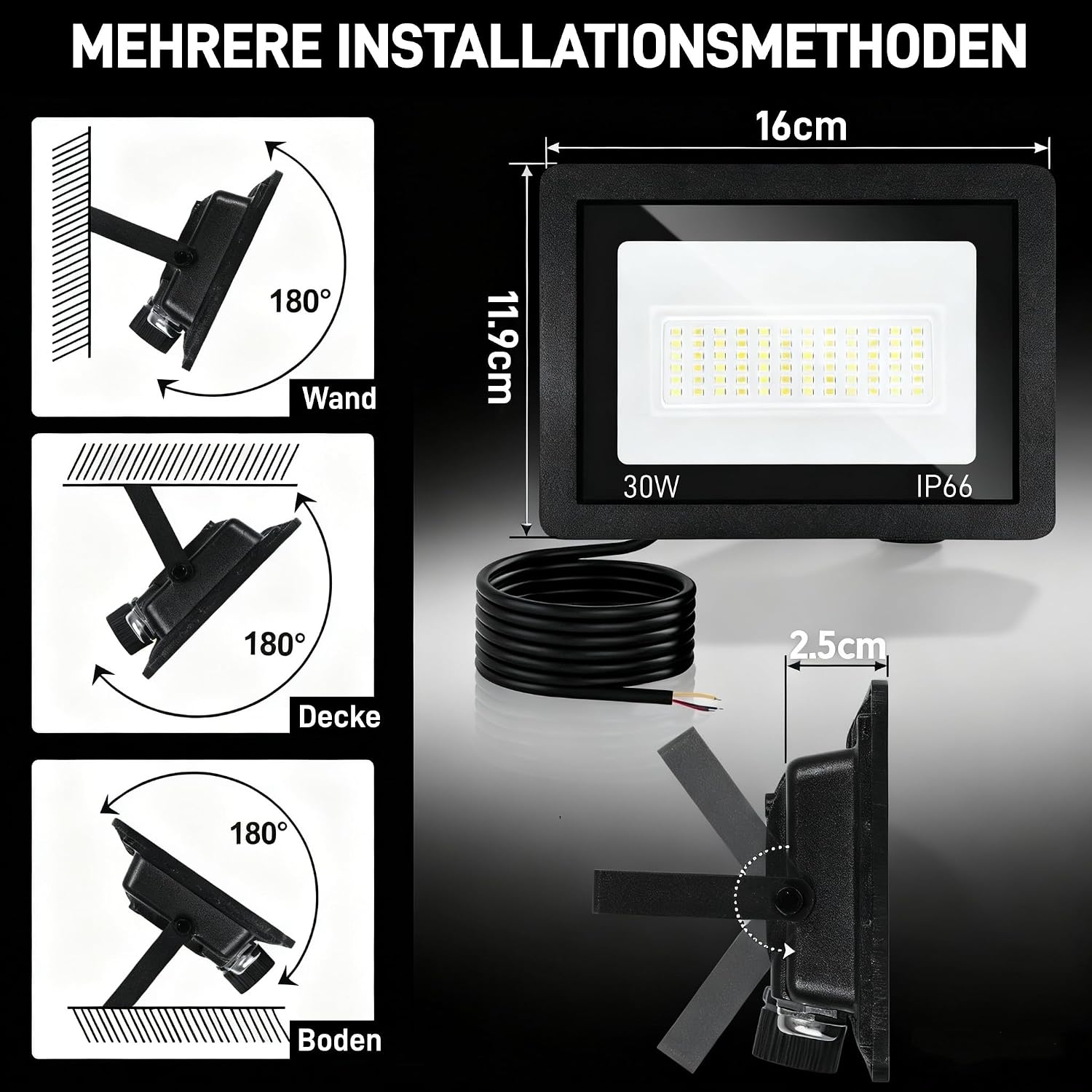 LED Strahler Außen 20/30/50/100W, 3000K/4000K/6500K LED-Strahler Dimmbar, Superhell Fluter Flutlichtstrahler, IP66 Wasserdicht Scheinwerfer Aussenstrahler für Hof, Garten, Garage