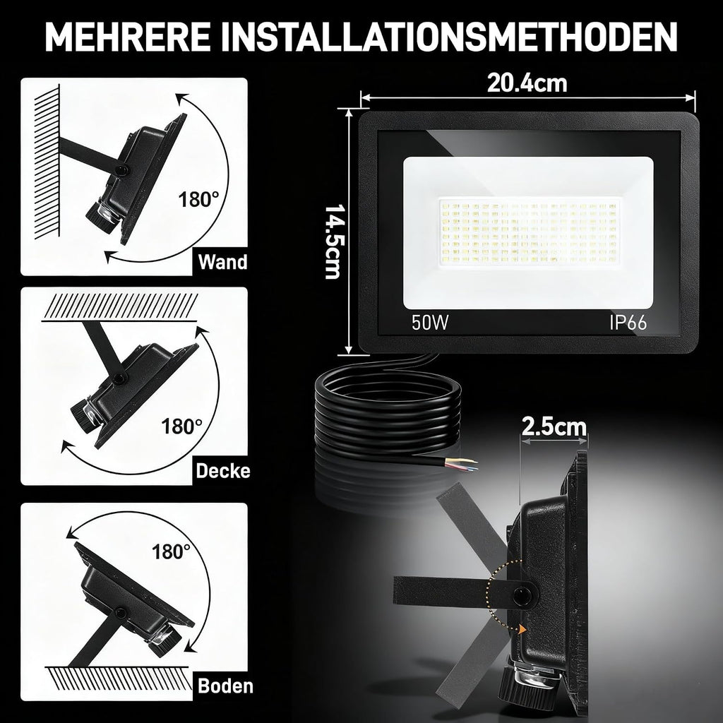 LED Strahler Außen 20/30/50/100W, 3000K/4000K/6500K LED-Strahler Dimmbar, Superhell Fluter Flutlichtstrahler, IP66 Wasserdicht Scheinwerfer Aussenstrahler für Hof, Garten, Garage