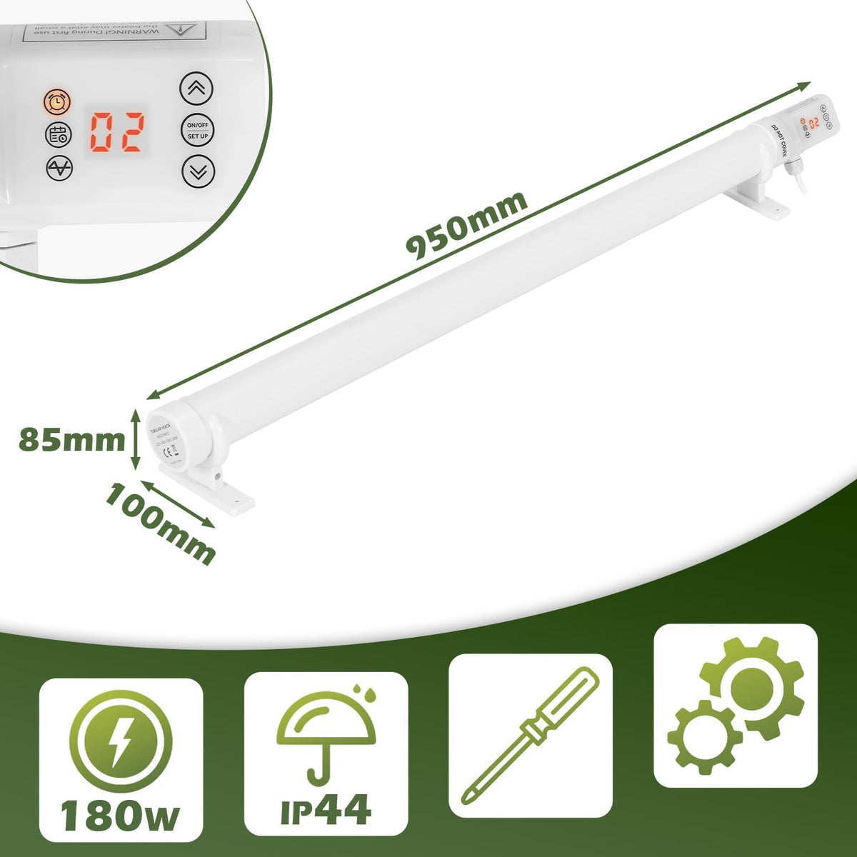 Gewächshausheizung, Timer, Zeitplan & 3000W Digitalregler Ø42-mm-Heizrohr, Haltebügel, Überhitzungsschutz, Wand-/Bodenmontage, Ist-/Sollanzeige, °C/°F, für Schrank & Gewächshaus
