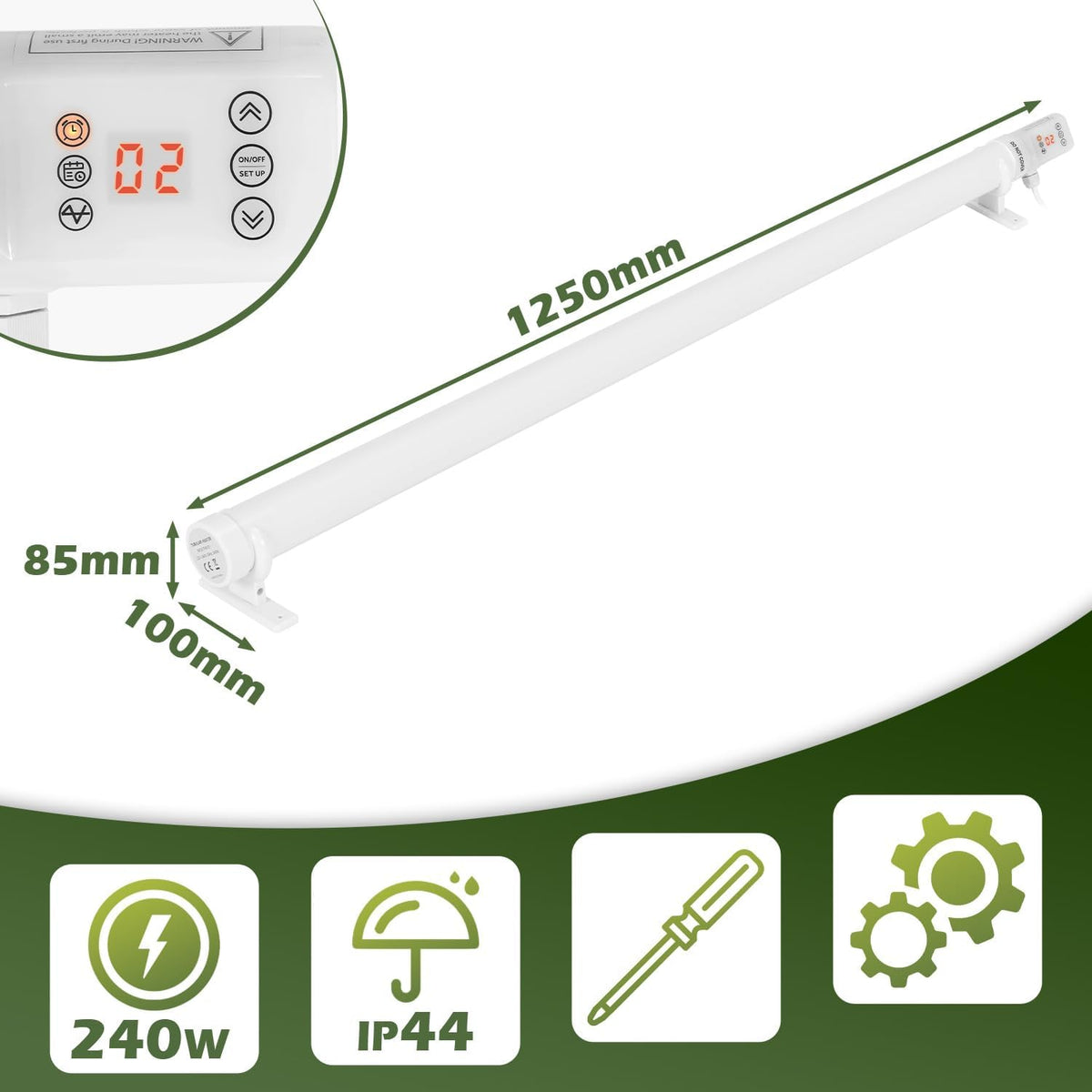 Gewächshausheizung, Timer, Zeitplan & 3000W Digitalregler Ø42-mm-Heizrohr, Haltebügel, Überhitzungsschutz, Wand-/Bodenmontage, Ist-/Sollanzeige, °C/°F, für Schrank & Gewächshaus
