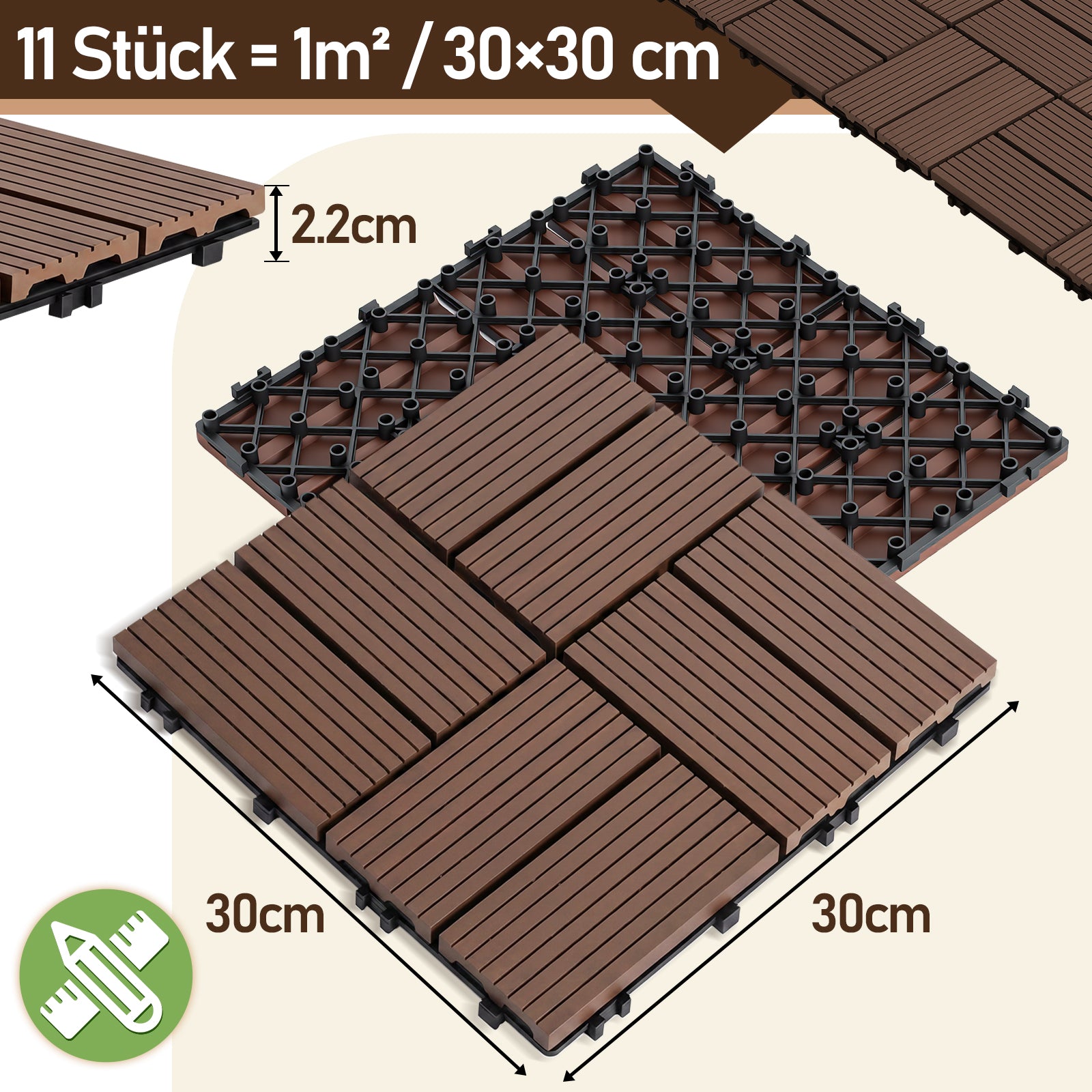 8 Streifen | 30 x 30 cm WPC-Terrassenfliesen 1–5 m², Teakholz-Optik/Rotbraun/Dunkelgrau | Wasserfeste, verlegbare und wasserdurchlässige Fliesen, geeignet für Balkone, Terrassen, Gärten und Außenbereiche