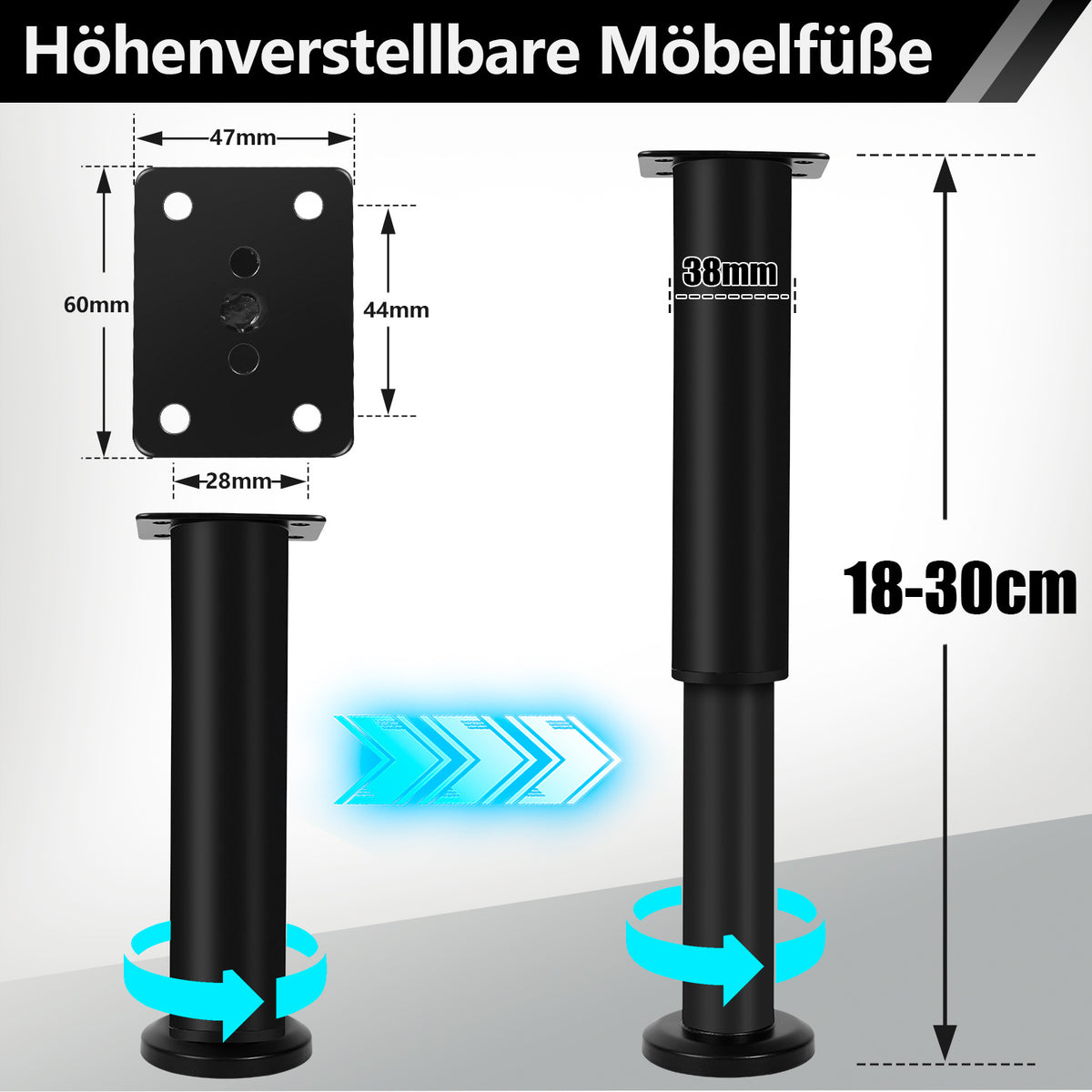 4er Set Edelstahl Möbelfüße,Schwarz / Weiß Möbelbeine Höhenverstellbar, Füße für möbel mit Schrauben, | Belastbar bis 300 KG, für Sofa Möbelfüße Schreibtisch Stühle