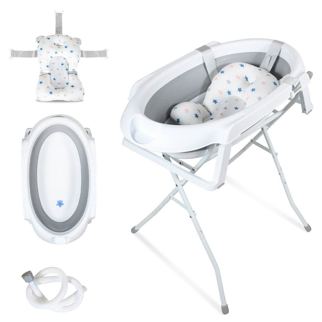 Baby Badewanne mit Ständer 21x48x85CM Badekissen Kinder Faltbare Bad Babywanne Grau