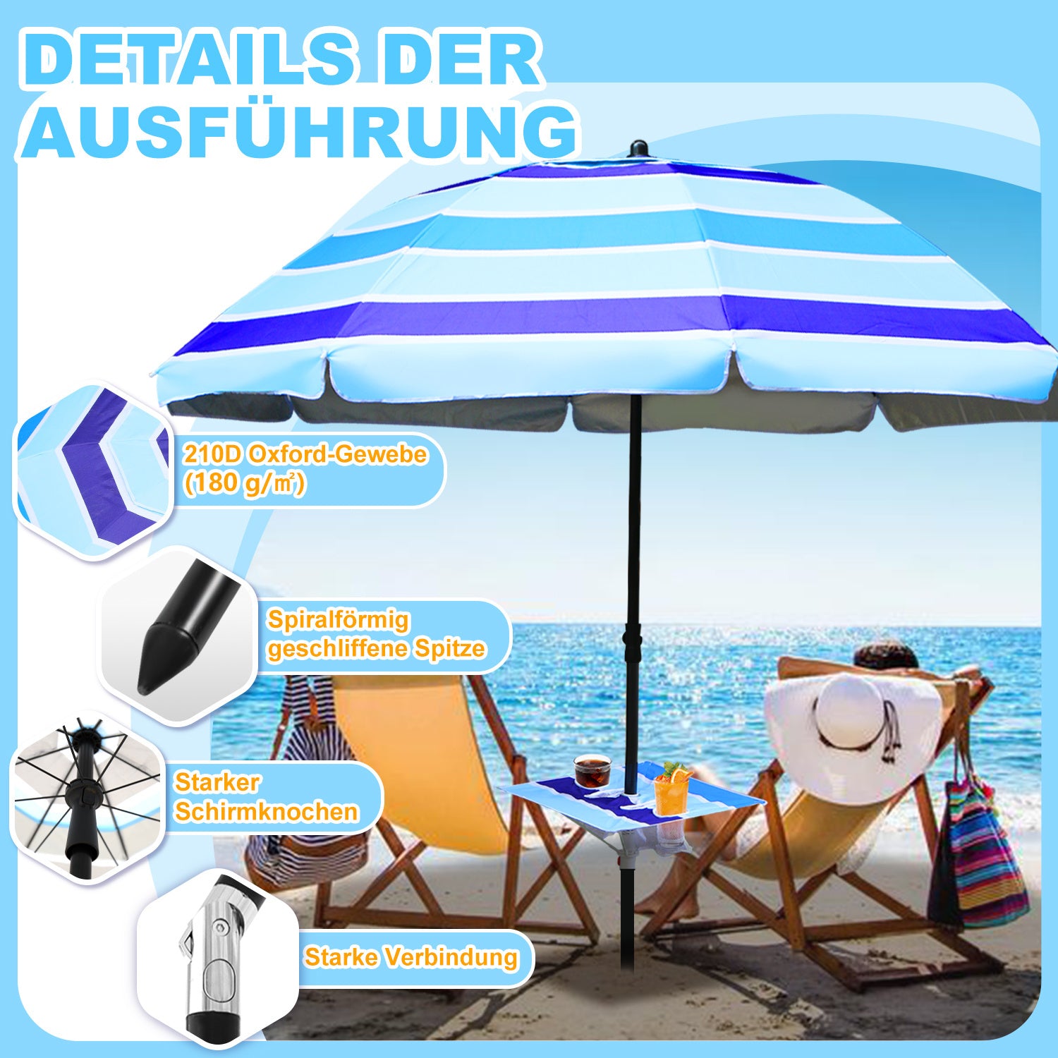 Strandschirm, Durchmesser 213 cm, Sonnenschutzfaktor UV50+, mit Tisch, Haken und Tragetasche, Neigungswinkel und Höhe verstellbar, windfest, langlebig, lichtbeständig, blaue Streifen