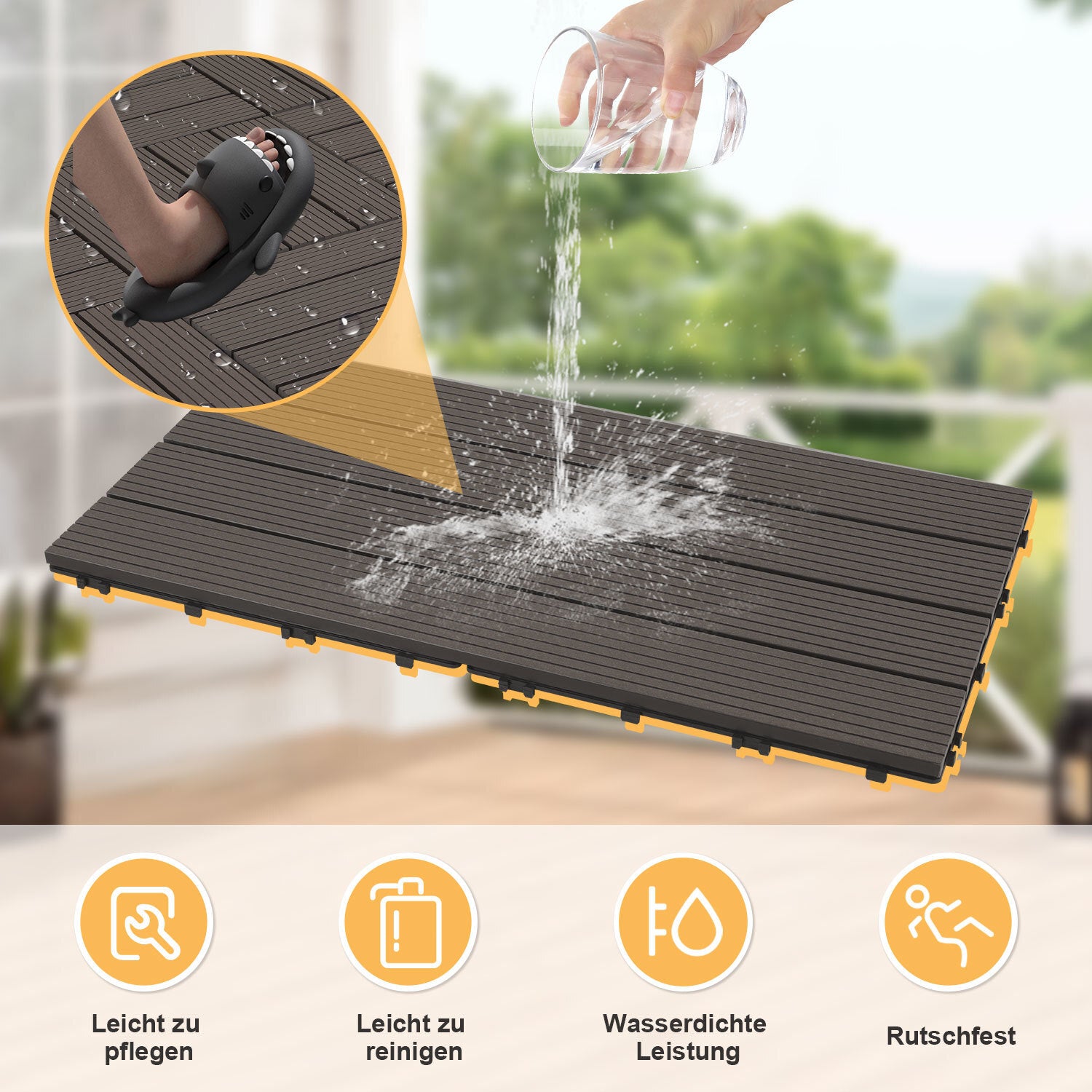 WPC-Fliesen, 30 x 60 cm, Terrassenfliesen, Klickfliesen, Balkonfliesen mit Holzoptik, witterungsbeständige Platten mit Entwässerungsfunktion, geeignet für Terrassen, Balkone und Gärten, braun/rotbraun/dunkelgrau/teakfarben (6 Stück = 1 Quadratmeter)