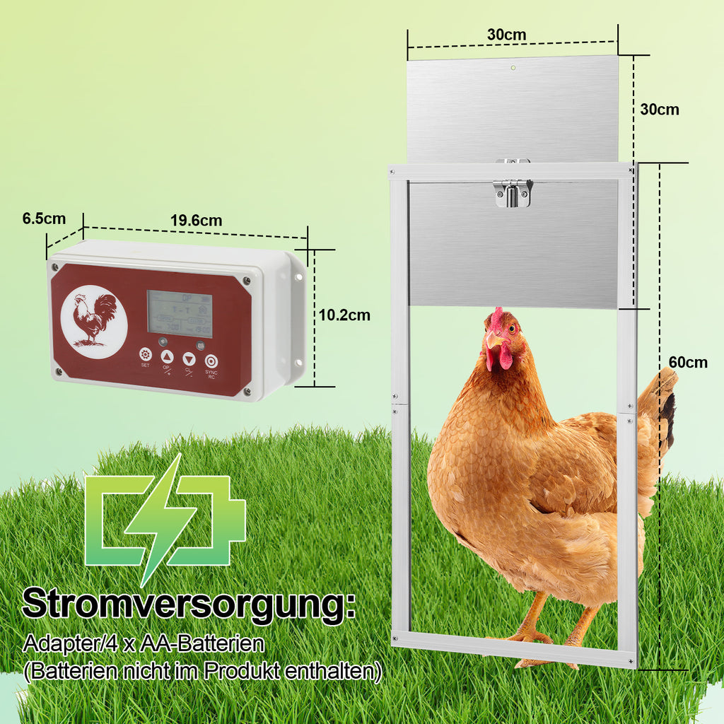 Automatisches Hühnerstalltür aus Aluminiumlegierung mit Fernbedienung, Zeitschaltuhr, manueller Steuerung und Lichtsensor – elektrisches Hühnerstalltür für Hühnerställe, Türöffnung 30 x 30 cm