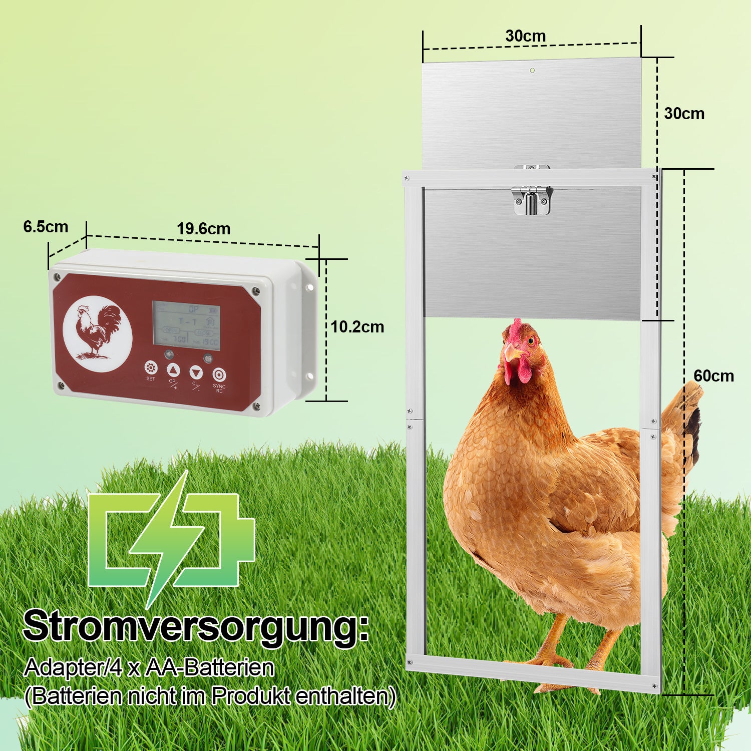 Automatisches Hühnerstalltür aus Aluminiumlegierung mit Fernbedienung, Zeitschaltuhr, manueller Steuerung und Lichtsensor – elektrisches Hühnerstalltür für Hühnerställe, Türöffnung 30 x 30 cm