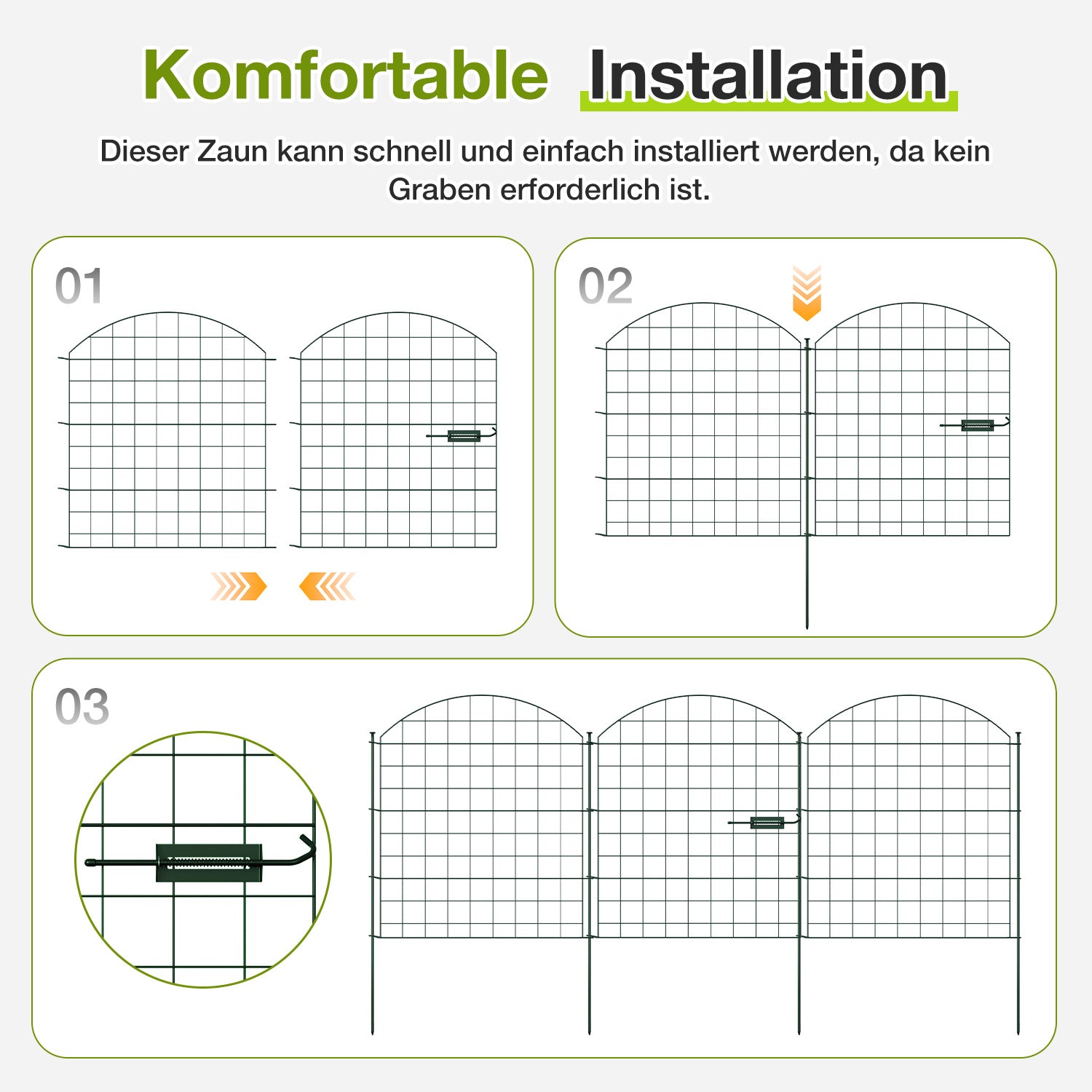 Dekorative Gartenzäune, Teichzaun-Sets, 1 Tor + 4 Teichzaunelemente, Steckzäune, Metallzäune mit Zaunelementen sowie Außenzäune, Gartenzäune, Tierzäune, mit Schloss, Haustierzäune, in drei Ausführungen erhältlich: grün, schwarz