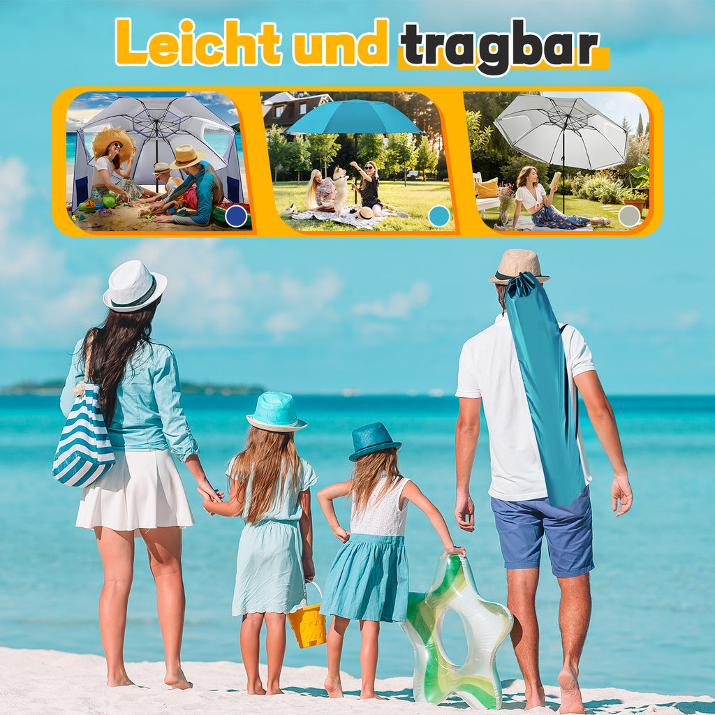 Strand-Sonnenschirm 2-in-1 – Kombinierter Schirm für Strand und Garten, geeignet für 2–4 Personen, UV50+ Sonnenschutz, multifunktionaler Sonnenschirm, Durchmesser 210 x 220 cm, mit Sichtfenster und Tragetasche, zusammenklappbar