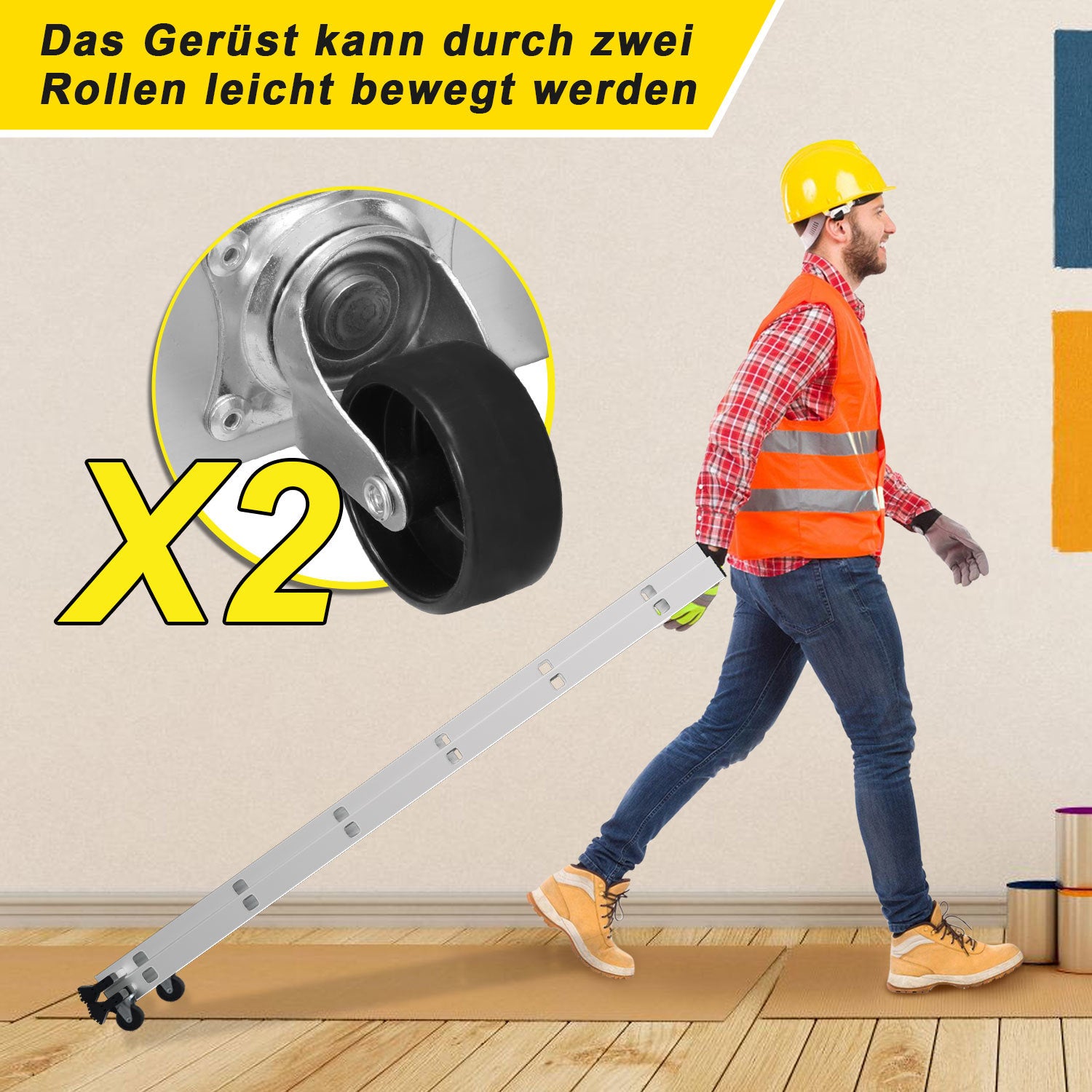 Gerüst, 4 in 1 Alu Multifunktionsleiter 6+6 Stufen, Mobile Mehrzweckleiter mit Plattform und 2 Räder, Arbeitsgerüst, Arbeitsbühne, Belastbar bis max. 150 Kg