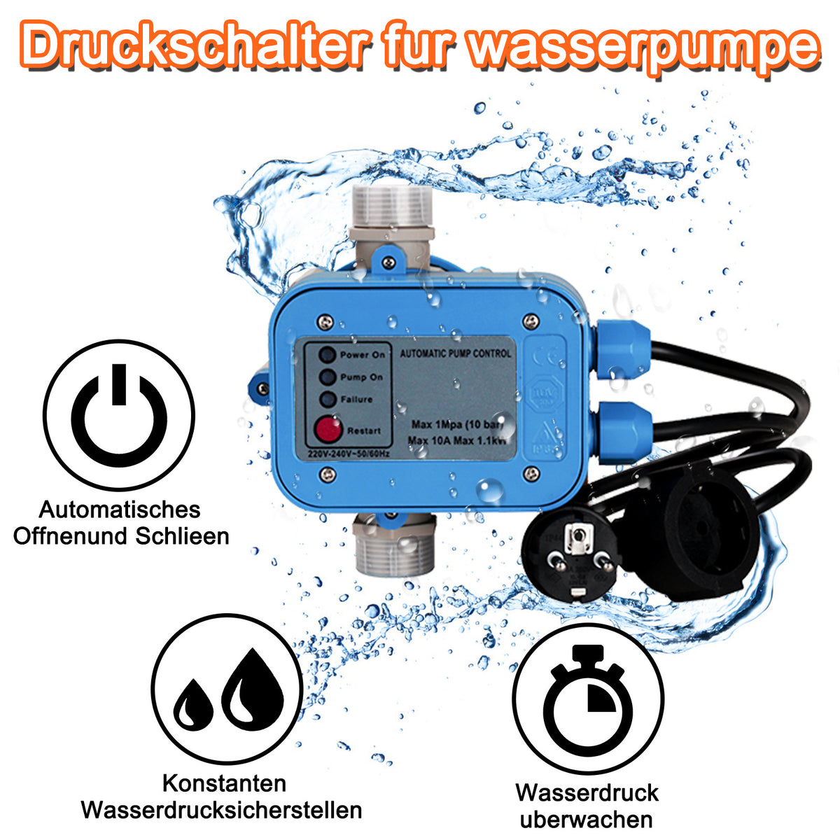 Pumpensteuerung mit Kabel, Druckwächter, Druckschalter, 10 bar (mit bar-Anzeige), Druckschalter, automatisches Ein- und Ausschalten, Gartenbewässerung