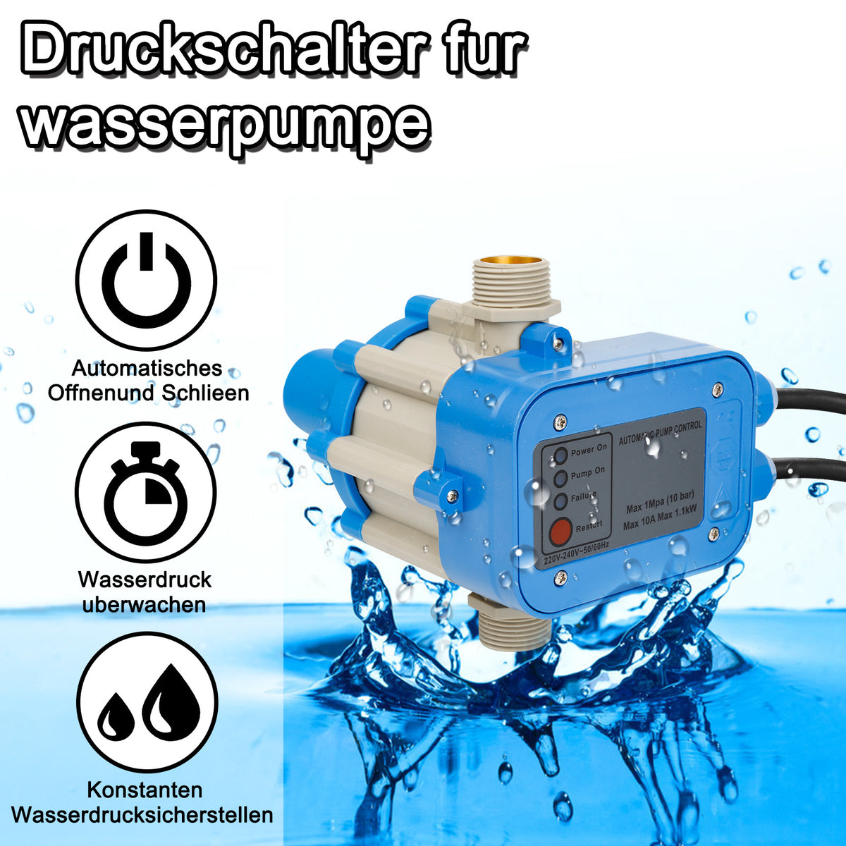 Pumpensteuerung mit Kabel, Druckwächter, Druckschalter, 10 bar (mit bar-Anzeige), Druckschalter, automatisches Ein- und Ausschalten, Gartenbewässerung