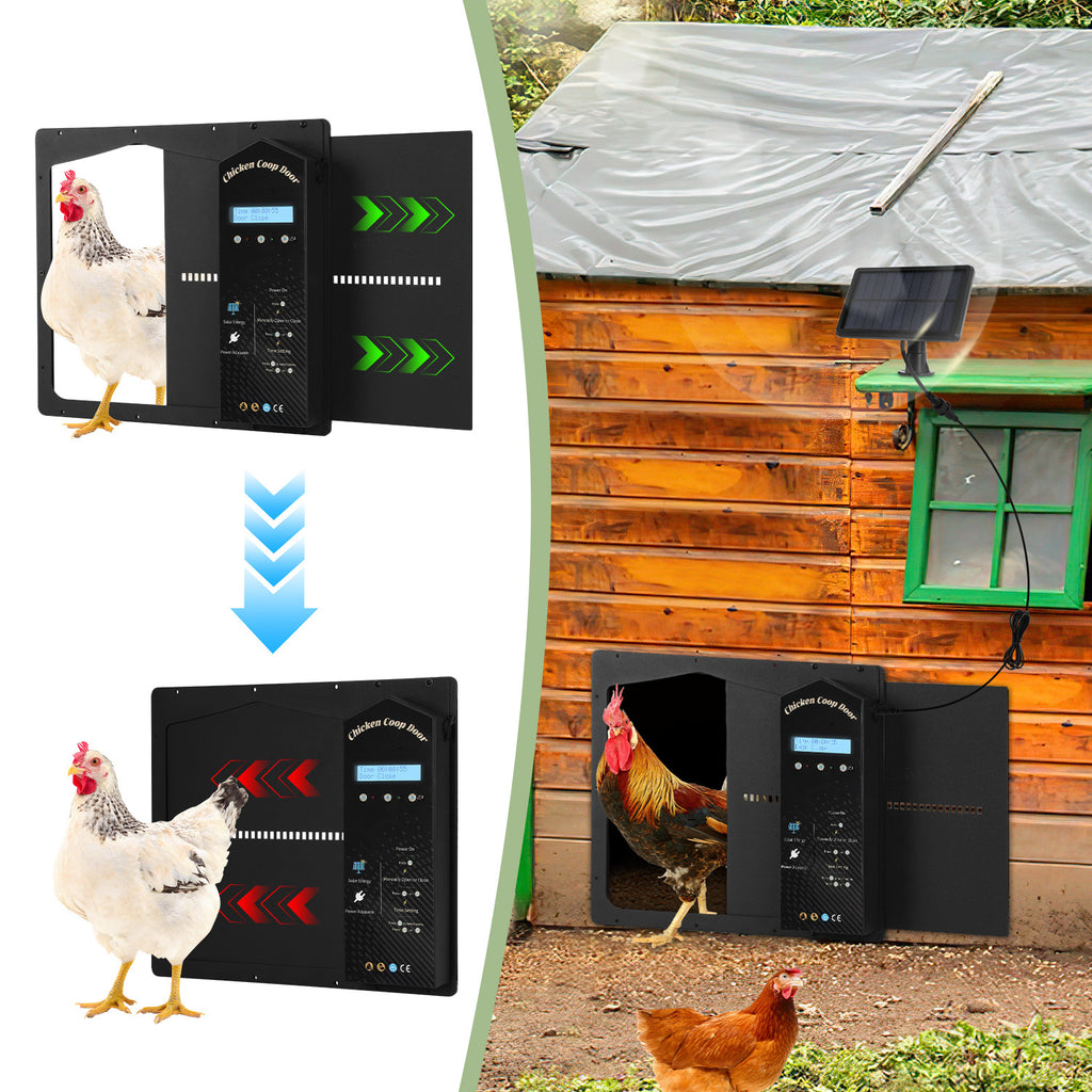 Elektrisches Solartor für Hühnerställe – Automatisches Hühnerstalltore mit Lichtsensor – LCD-Display – Zeitschaltuhr – Fernbedienung – Intelligente Schutzfunktion