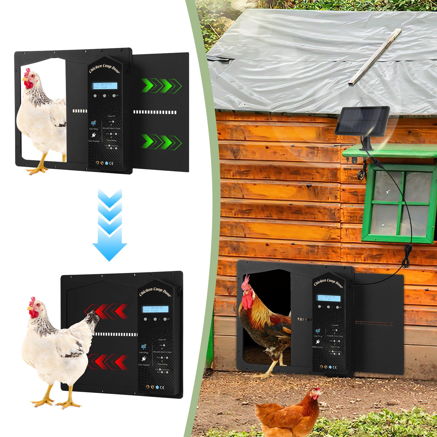 Elektrisches Solartor für Hühnerställe – Automatisches Hühnerstalltore mit Lichtsensor – LCD-Display – Zeitschaltuhr – Fernbedienung – Intelligente Schutzfunktion
