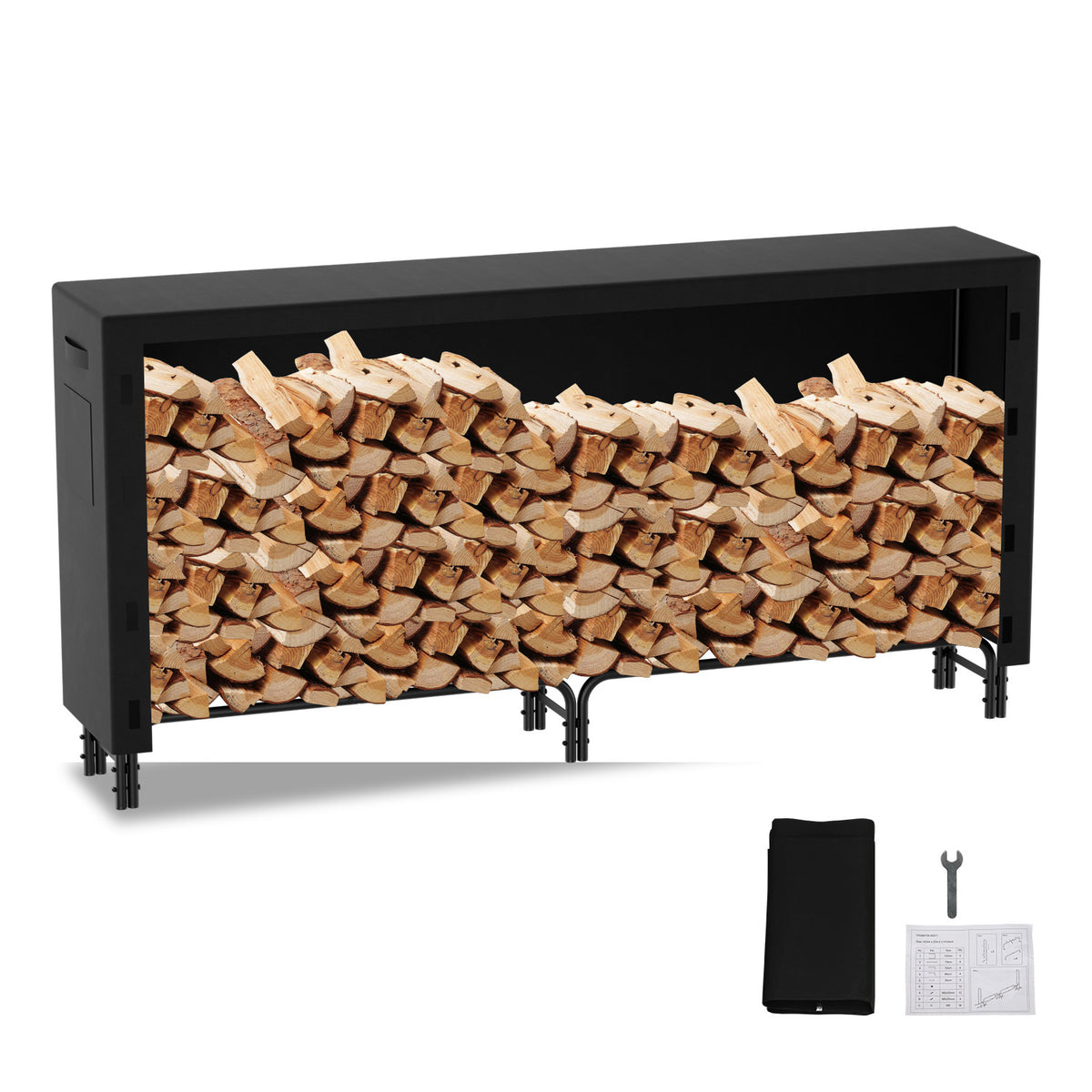 Holzregal mit Schutzhülle – Stahlrahmen – schwarzes Metall-Holzregal – Hilfsmittel zur Lagerung im Innenbereich – Maße: 244 x 34,5 x 124 cm