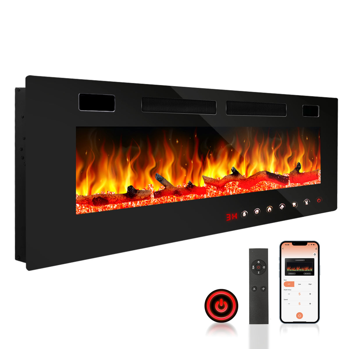 Elektrischer Wandkamin mit Heizfunktion, 127 cm, Wandmontage, Leistung 750/1500 W, Steuerung über WLAN, Smartphone-App und Fernbedienung, 5 Stufen zur Einstellung von Helligkeit und Flammeneffekt, Timer-Funktion