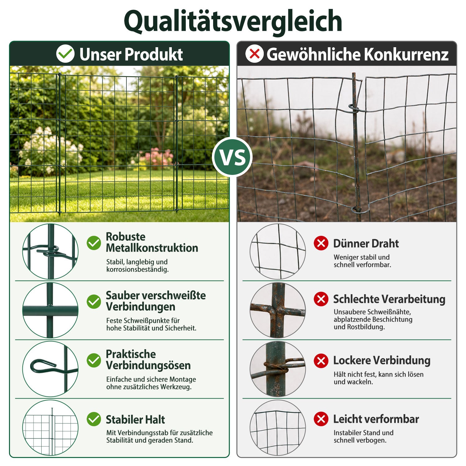 Teich- und Gartenzaun, 5-teiliges Set, Metallzaun, dekoratives Design, 5 Zaunelemente und 6 Befestigungsstangen, grüner Gartenzaun für Teiche und Blumenbeete, nach oben gewölbte Ausführung / gerade Ausführung / nach unten gewölbte Ausführung