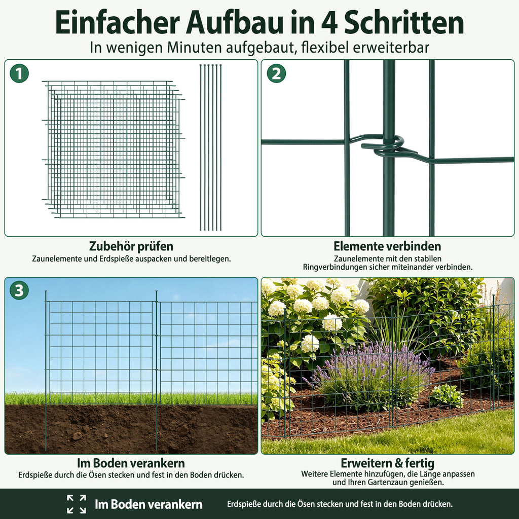 Teich- und Gartenzaun, 5-teiliges Set, Metallzaun, dekoratives Design, 5 Zaunelemente und 6 Befestigungsstangen, grüner Gartenzaun für Teiche und Blumenbeete, nach oben gewölbte Ausführung / gerade Ausführung / nach unten gewölbte Ausführung