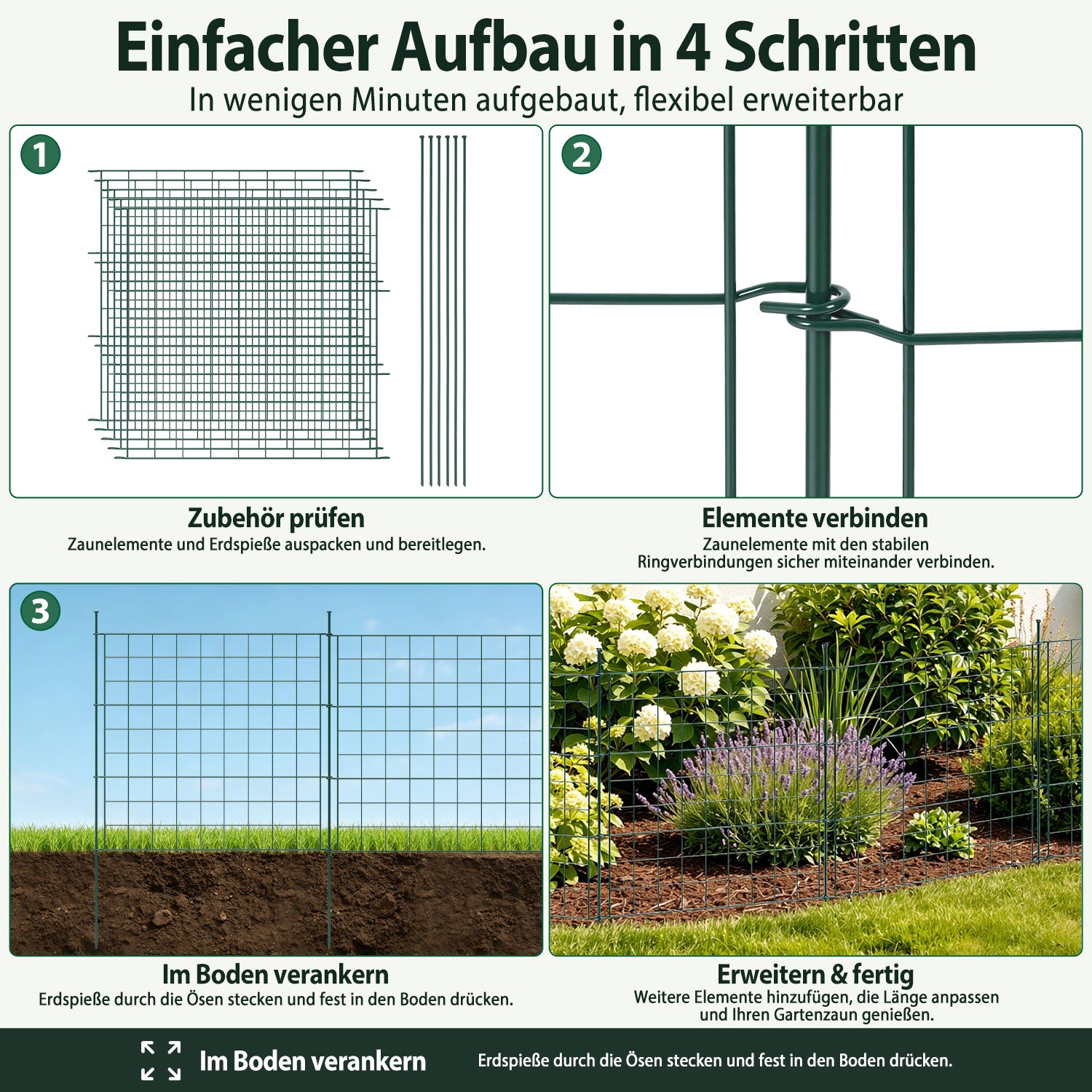 Teich- und Gartenzaun, 5-teiliges Set, Metallzaun, dekoratives Design, 5 Zaunelemente und 6 Befestigungsstangen, grüner Gartenzaun für Teiche und Blumenbeete, nach oben gewölbte Ausführung / gerade Ausführung / nach unten gewölbte Ausführung