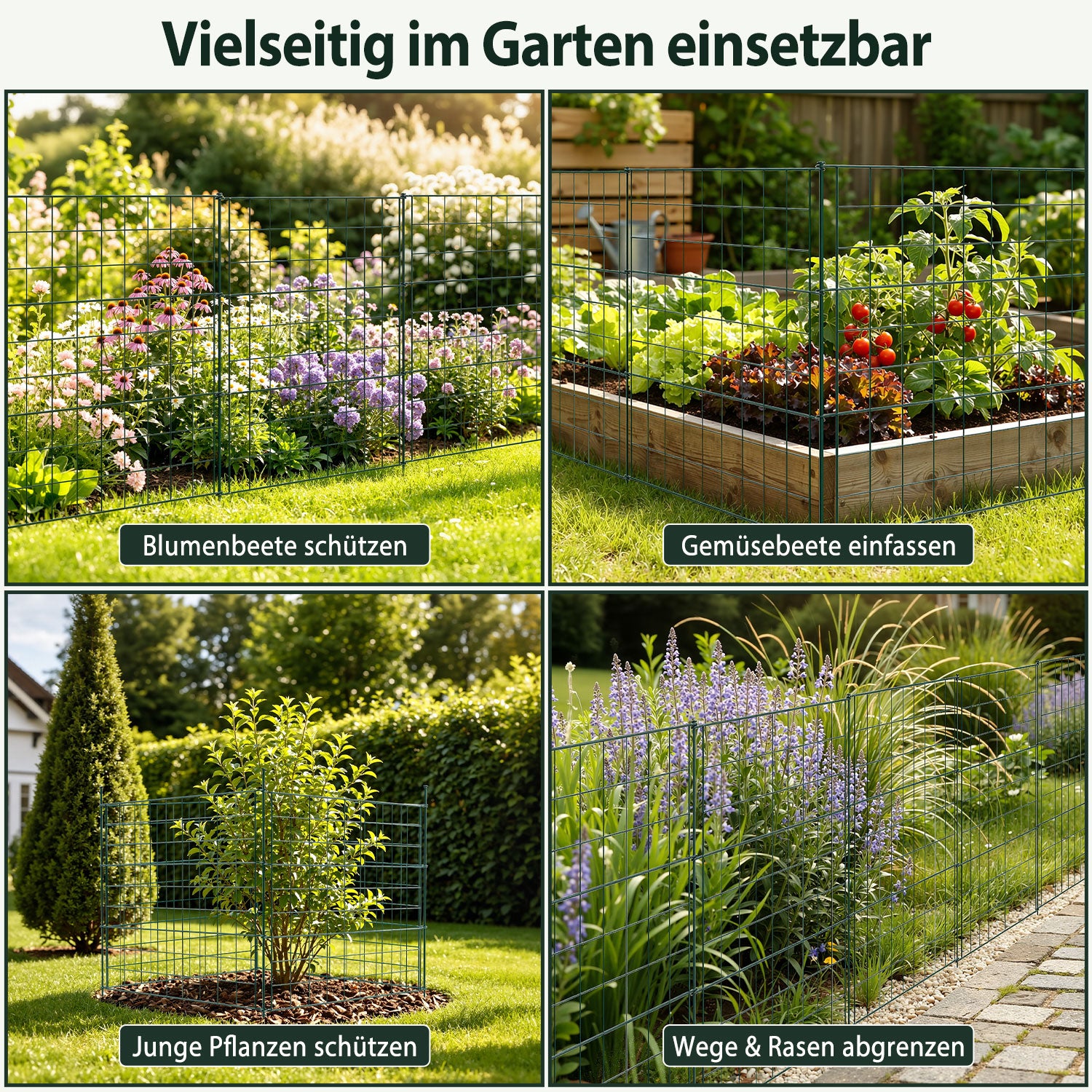 Teich- und Gartenzaun, 5-teiliges Set, Metallzaun, dekoratives Design, 5 Zaunelemente und 6 Befestigungsstangen, grüner Gartenzaun für Teiche und Blumenbeete, nach oben gewölbte Ausführung / gerade Ausführung / nach unten gewölbte Ausführung