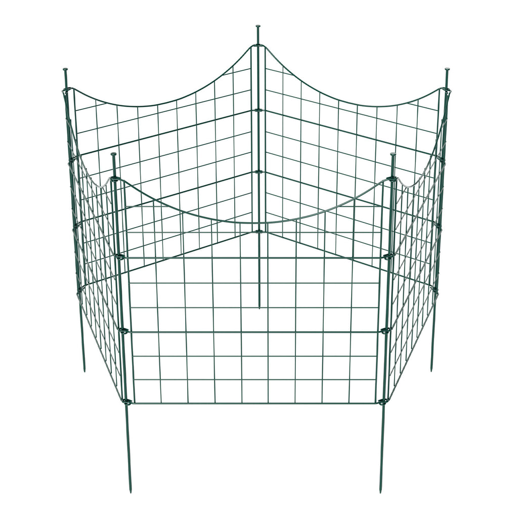 Teich- und Gartenzaun, 5-teiliges Set, Metallzaun, dekoratives Design, 5 Zaunelemente und 6 Befestigungsstangen, grüner Gartenzaun für Teiche und Blumenbeete, nach oben gewölbte Ausführung / gerade Ausführung / nach unten gewölbte Ausführung
