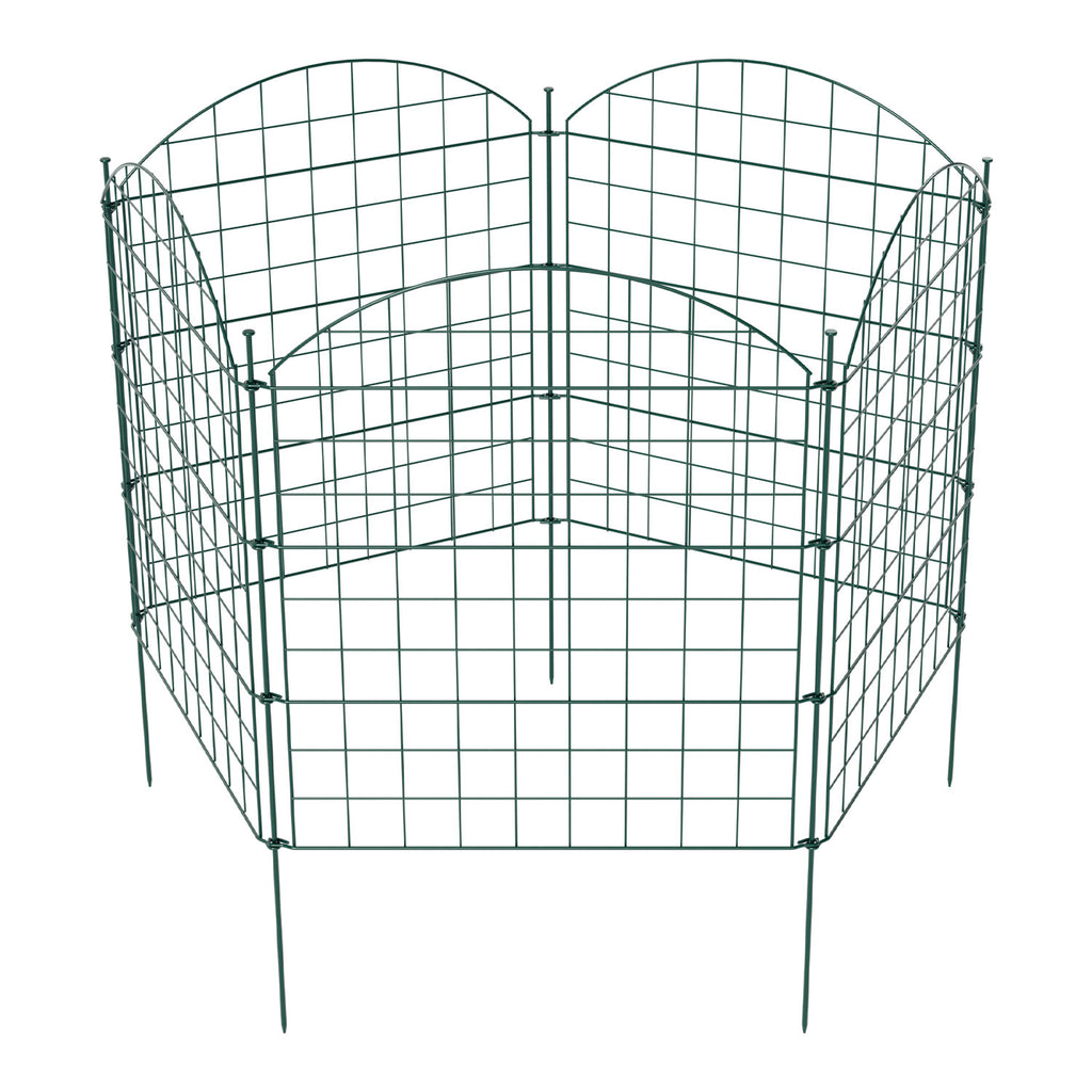 Teich- und Gartenzaun, 5-teiliges Set, Metallzaun, dekoratives Design, 5 Zaunelemente und 6 Befestigungsstangen, grüner Gartenzaun für Teiche und Blumenbeete, nach oben gewölbte Ausführung / gerade Ausführung / nach unten gewölbte Ausführung