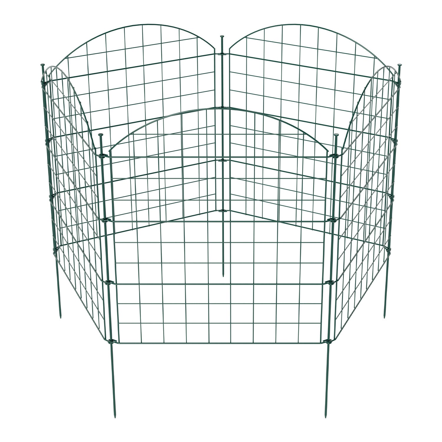 Teich- und Gartenzaun, 5-teiliges Set, Metallzaun, dekoratives Design, 5 Zaunelemente und 6 Befestigungsstangen, grüner Gartenzaun für Teiche und Blumenbeete, nach oben gewölbte Ausführung / gerade Ausführung / nach unten gewölbte Ausführung