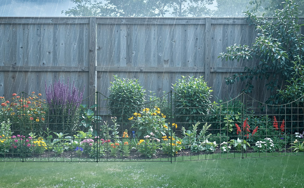 Teich- und Gartenzaun, 5-teiliges Set, Metallzaun, dekoratives Design, 5 Zaunelemente und 6 Befestigungsstangen, grüner Gartenzaun für Teiche und Blumenbeete, nach oben gewölbte Ausführung / gerade Ausführung / nach unten gewölbte Ausführung