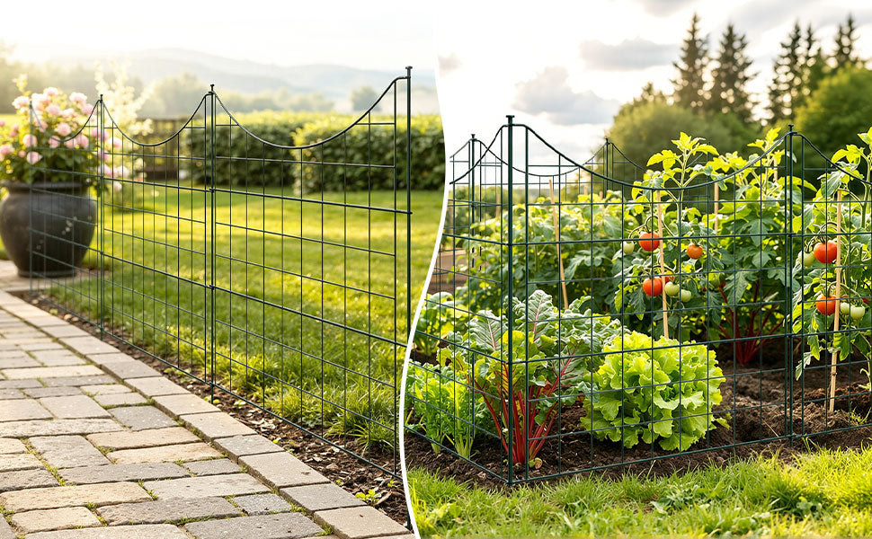 Teich- und Gartenzaun, 5-teiliges Set, Metallzaun, dekoratives Design, 5 Zaunelemente und 6 Befestigungsstangen, grüner Gartenzaun für Teiche und Blumenbeete, nach oben gewölbte Ausführung / gerade Ausführung / nach unten gewölbte Ausführung