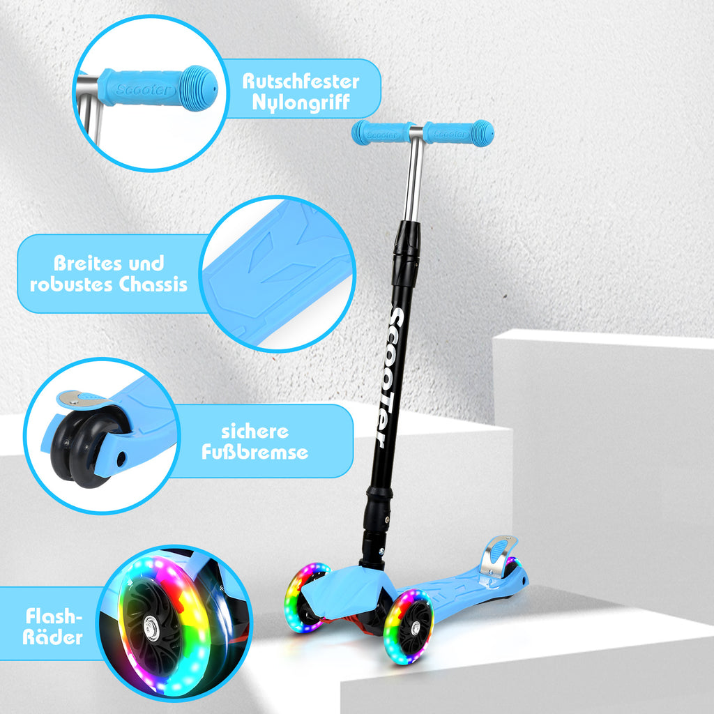 Kinder-Tretroller, City-Tretroller, Dreirad-Tretroller, Tretroller, zusammenklappbare Tretroller, Dreirad-Tretroller mit LED-Rädern, Kinder-Tretroller mit 4-stufiger Höhenverstellung, maximale Tragkraft 50 kg