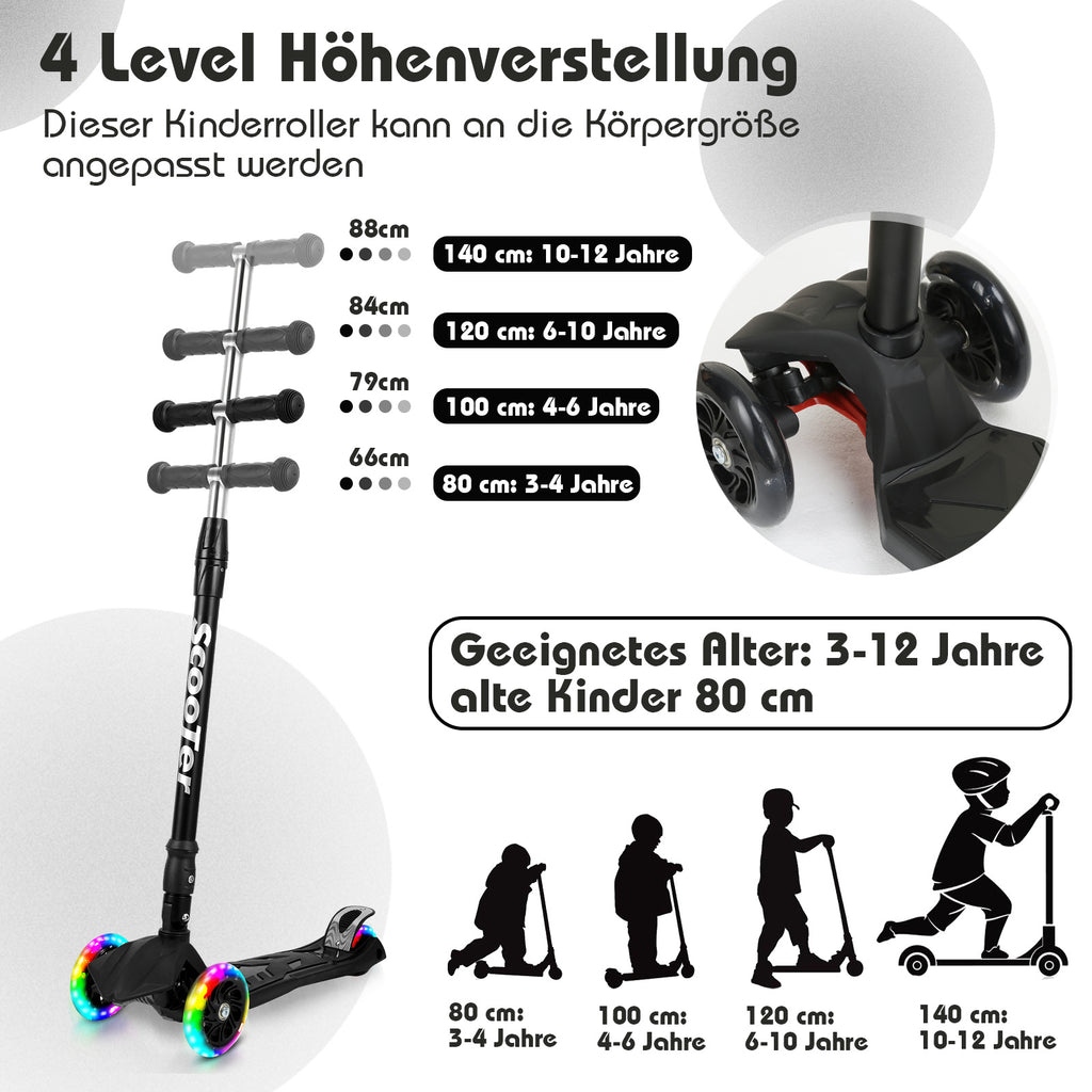 Kinder-Tretroller, City-Tretroller, Dreirad-Tretroller, Tretroller, zusammenklappbare Tretroller, Dreirad-Tretroller mit LED-Rädern, Kinder-Tretroller mit 4-stufiger Höhenverstellung, maximale Tragkraft 50 kg