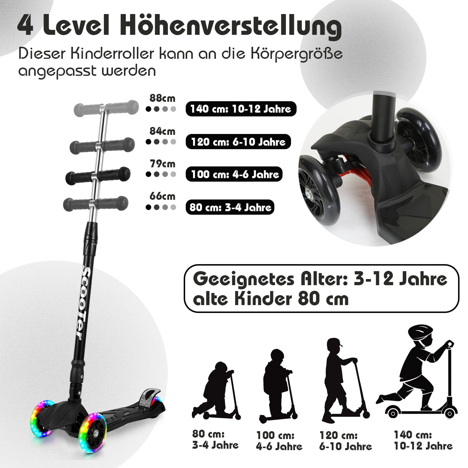 Kinder-Tretroller, City-Tretroller, Dreirad-Tretroller, Tretroller, zusammenklappbare Tretroller, Dreirad-Tretroller mit LED-Rädern, Kinder-Tretroller mit 4-stufiger Höhenverstellung, maximale Tragkraft 50 kg