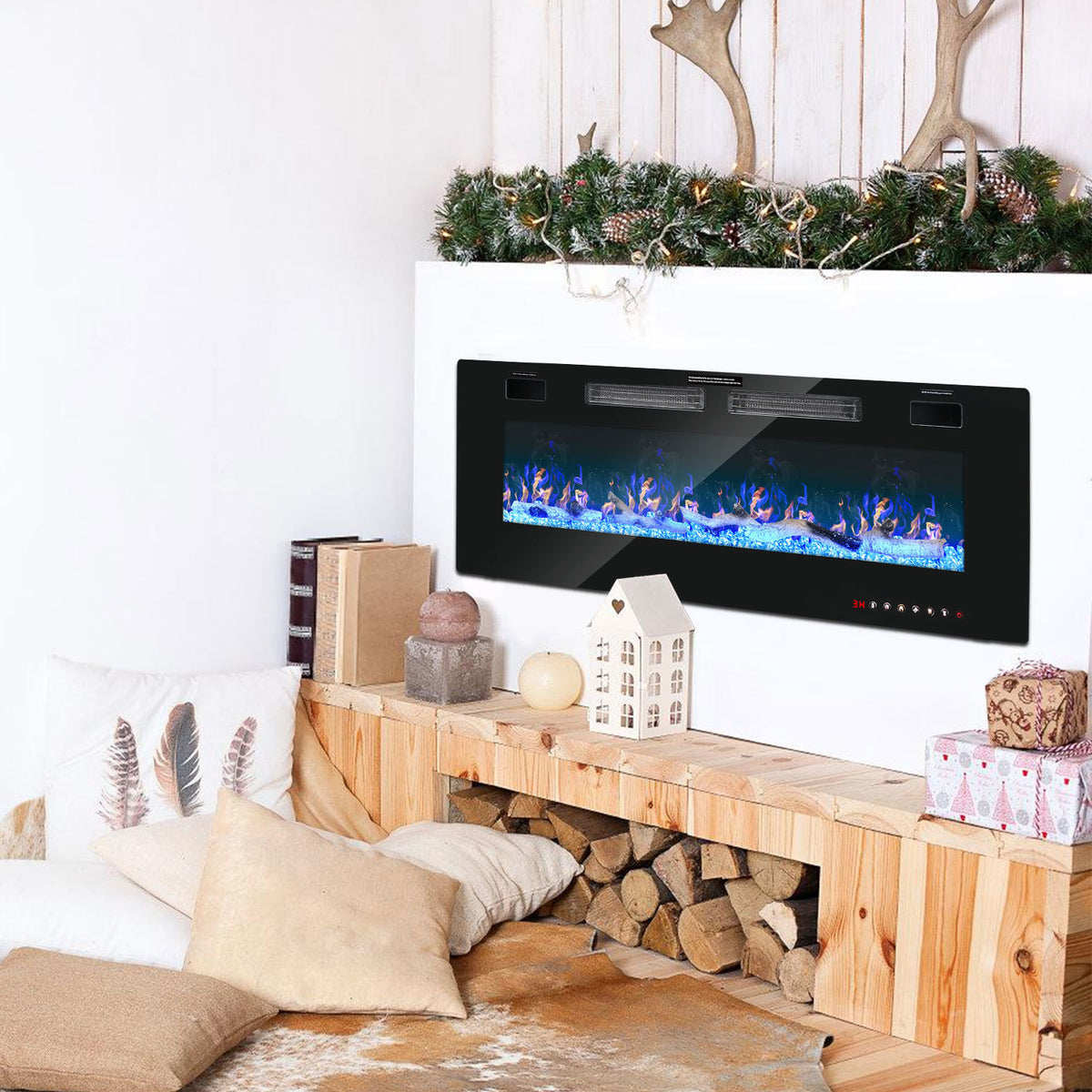 Elektrischer Wandkamin mit Heizfunktion, 127 cm, Wandmontage, Leistung 750/1500 W, Steuerung über WLAN, Smartphone-App und Fernbedienung, 5 Stufen zur Einstellung von Helligkeit und Flammeneffekt, Timer-Funktion