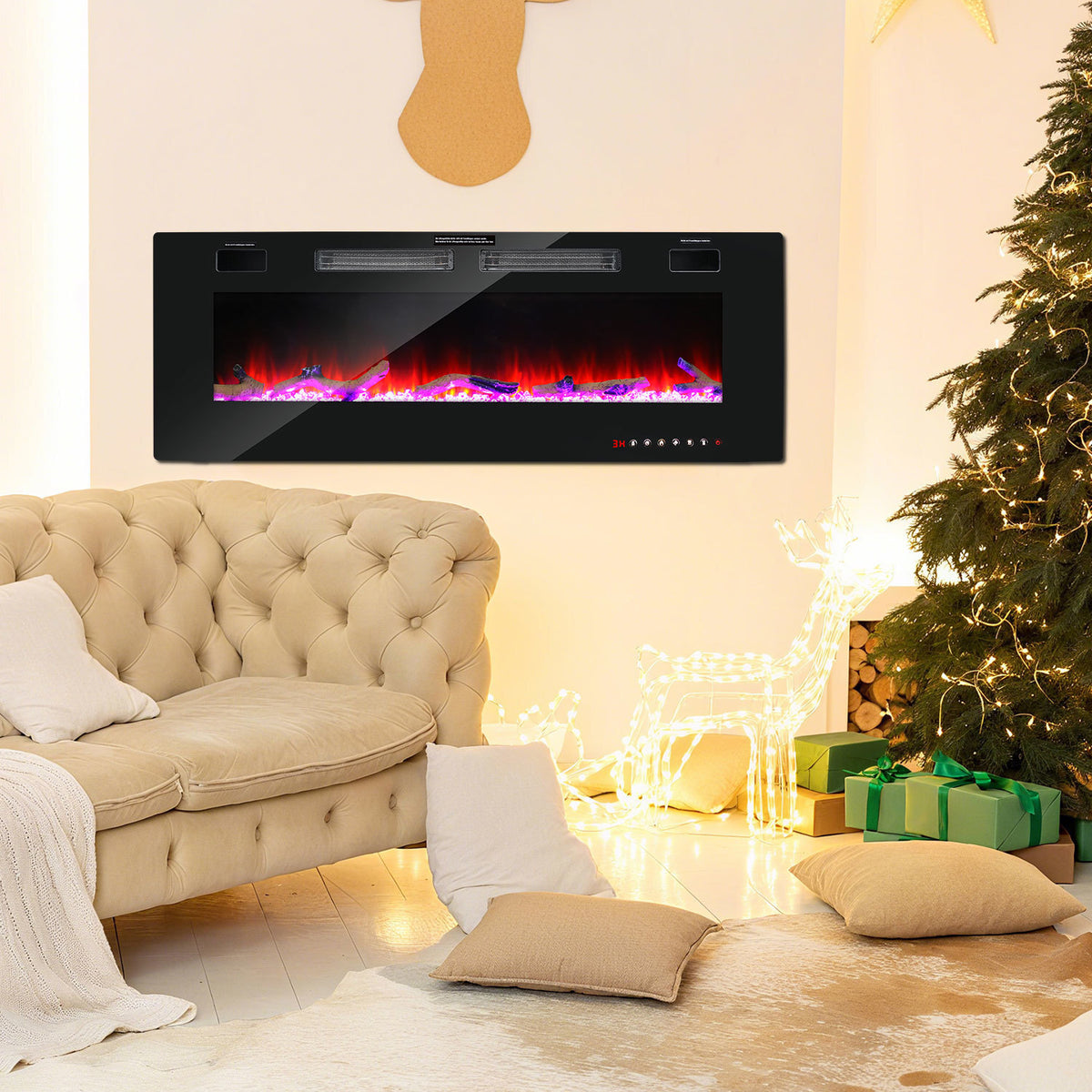 Elektrischer Wandkamin mit Heizfunktion, 127 cm, Wandmontage, Leistung 750/1500 W, Steuerung über WLAN, Smartphone-App und Fernbedienung, 5 Stufen zur Einstellung von Helligkeit und Flammeneffekt, Timer-Funktion