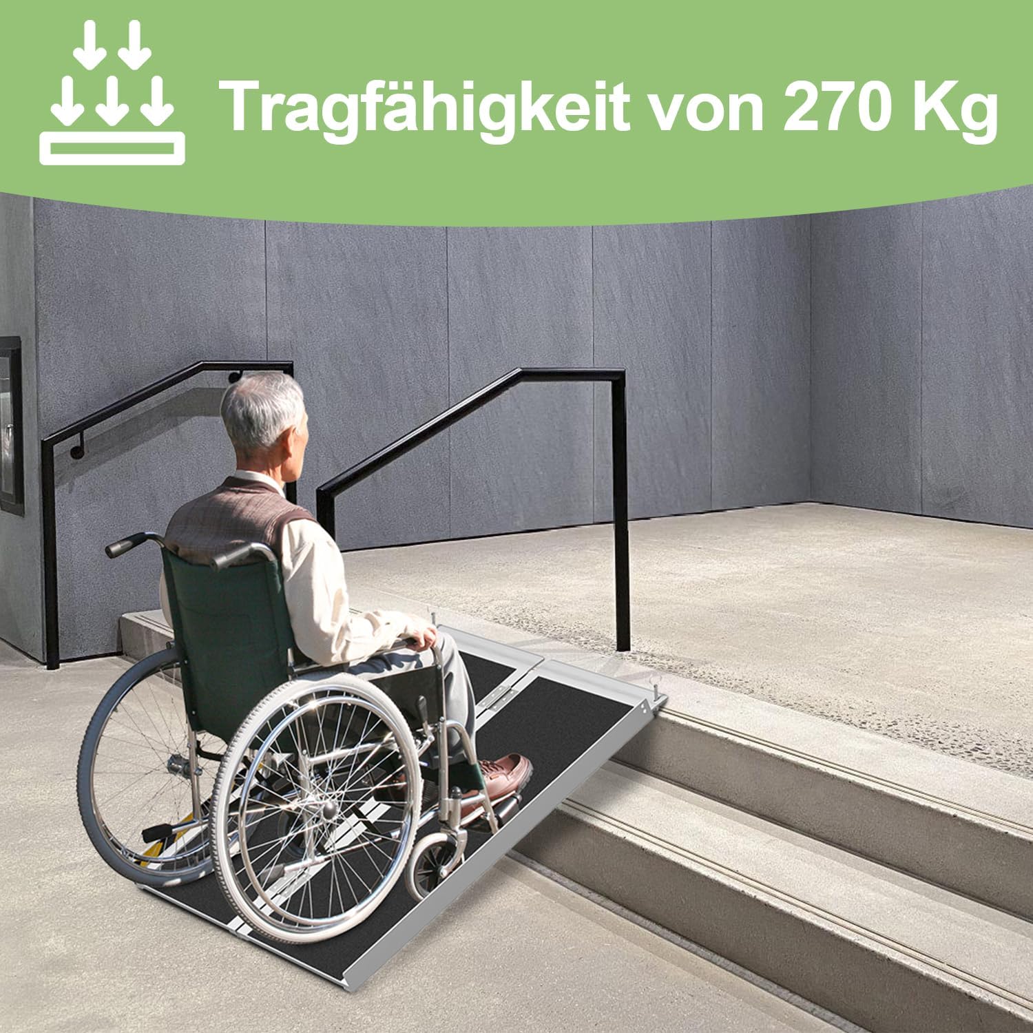 61/91/152CM Rollstuhlrampe, maximale Belastbarkeit 270 kg, Rollstuhlrampe mit rutschfester Oberfläche, tragbare Rollstuhlrampe, zusammenklappbare Rollstuhlrampe für Treppenstufen, Treppen und Türöffnungen