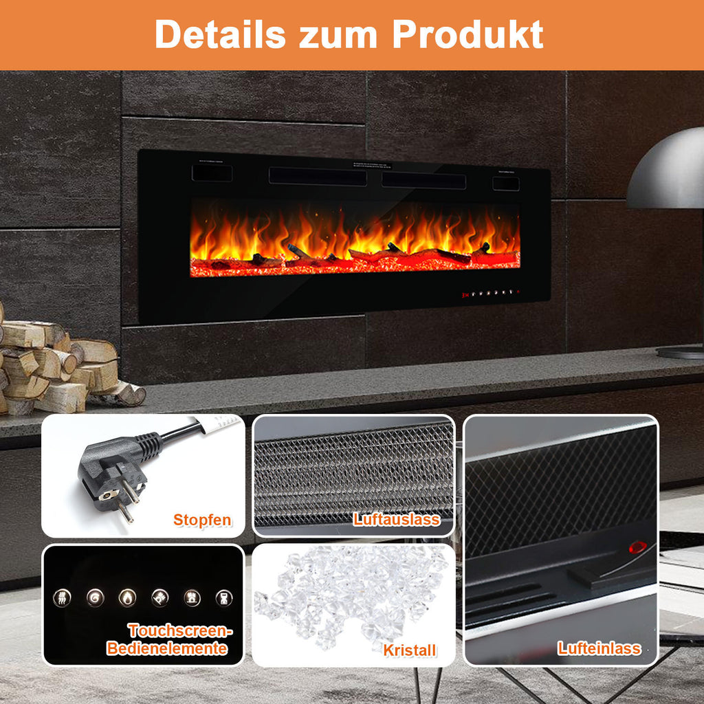 Elektrischer Wandkamin mit Heizfunktion, 127 cm, Wandmontage, Leistung 750/1500 W, Steuerung über WLAN, Smartphone-App und Fernbedienung, 5 Stufen zur Einstellung von Helligkeit und Flammeneffekt, Timer-Funktion
