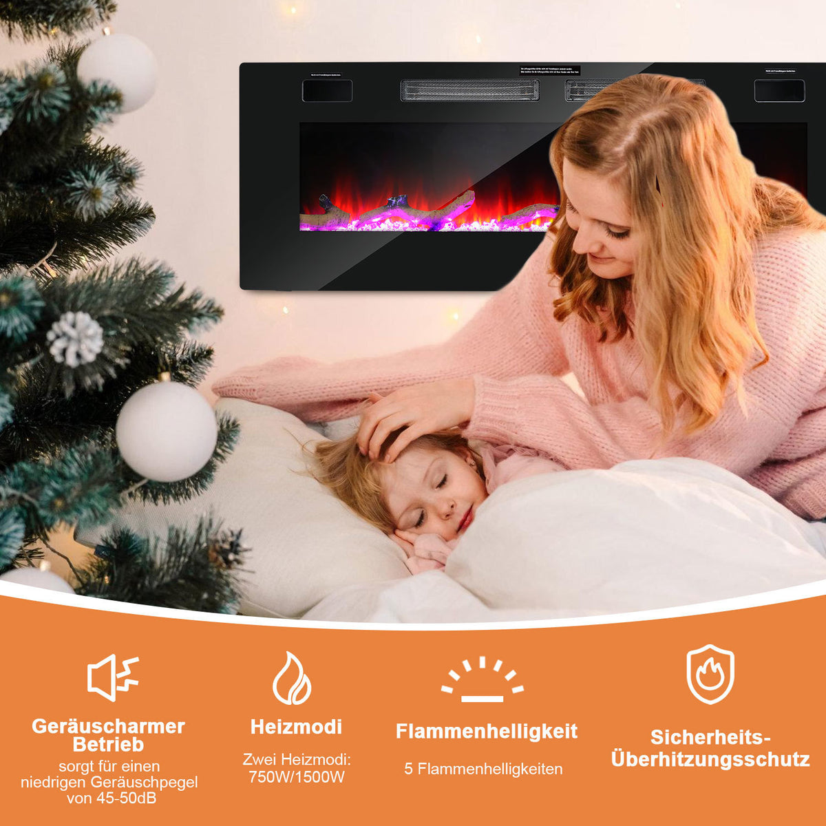 Elektrischer Wandkamin mit Heizfunktion, 127 cm, Wandmontage, Leistung 750/1500 W, Steuerung über WLAN, Smartphone-App und Fernbedienung, 5 Stufen zur Einstellung von Helligkeit und Flammeneffekt, Timer-Funktion