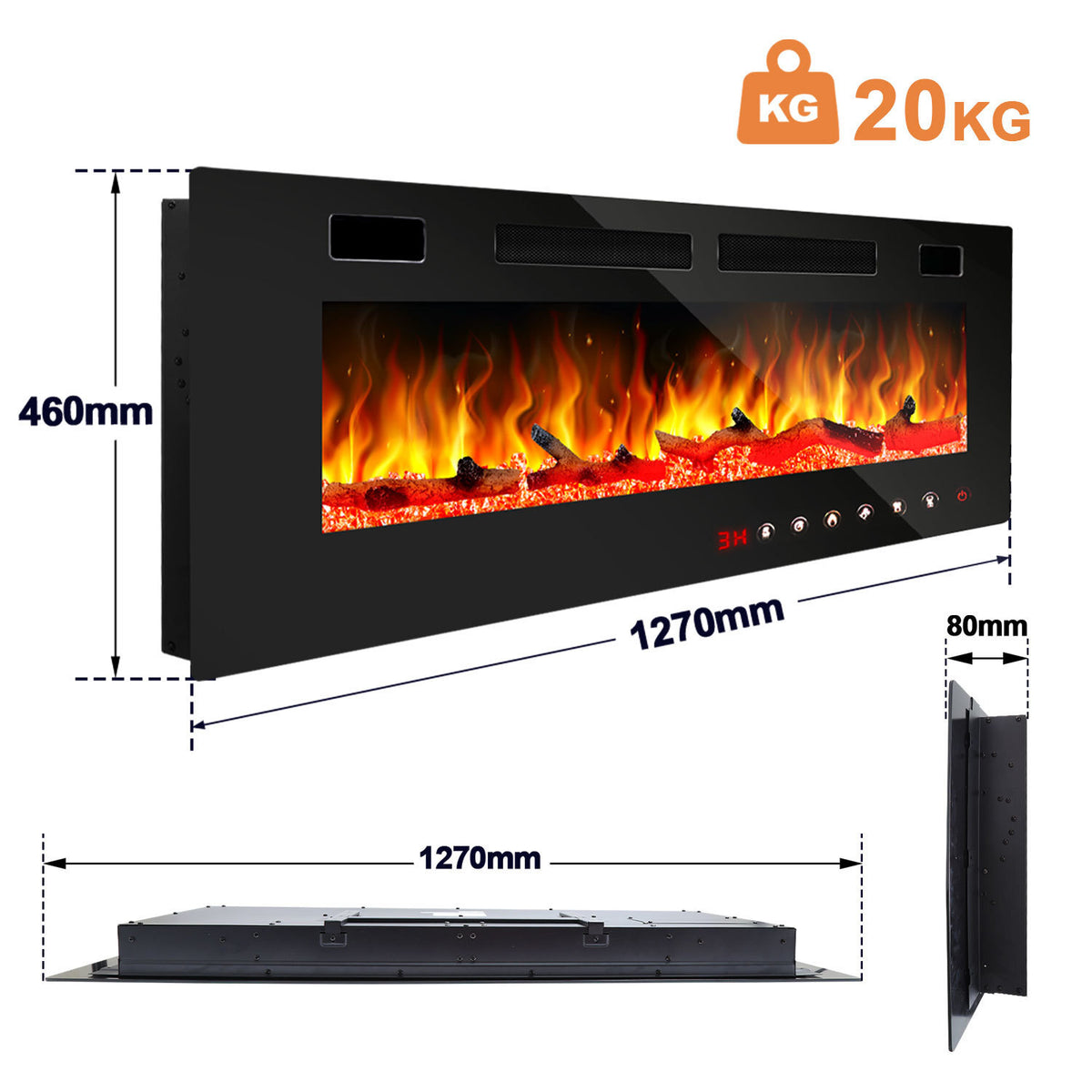 Elektrischer Wandkamin mit Heizfunktion, 127 cm, Wandmontage, Leistung 750/1500 W, Steuerung über WLAN, Smartphone-App und Fernbedienung, 5 Stufen zur Einstellung von Helligkeit und Flammeneffekt, Timer-Funktion