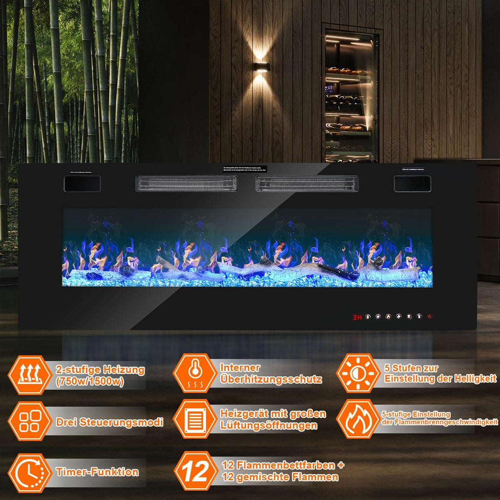 Elektrischer Wandkamin mit Heizfunktion, 127 cm, Wandmontage, Leistung 750/1500 W, Steuerung über WLAN, Smartphone-App und Fernbedienung, 5 Stufen zur Einstellung von Helligkeit und Flammeneffekt, Timer-Funktion