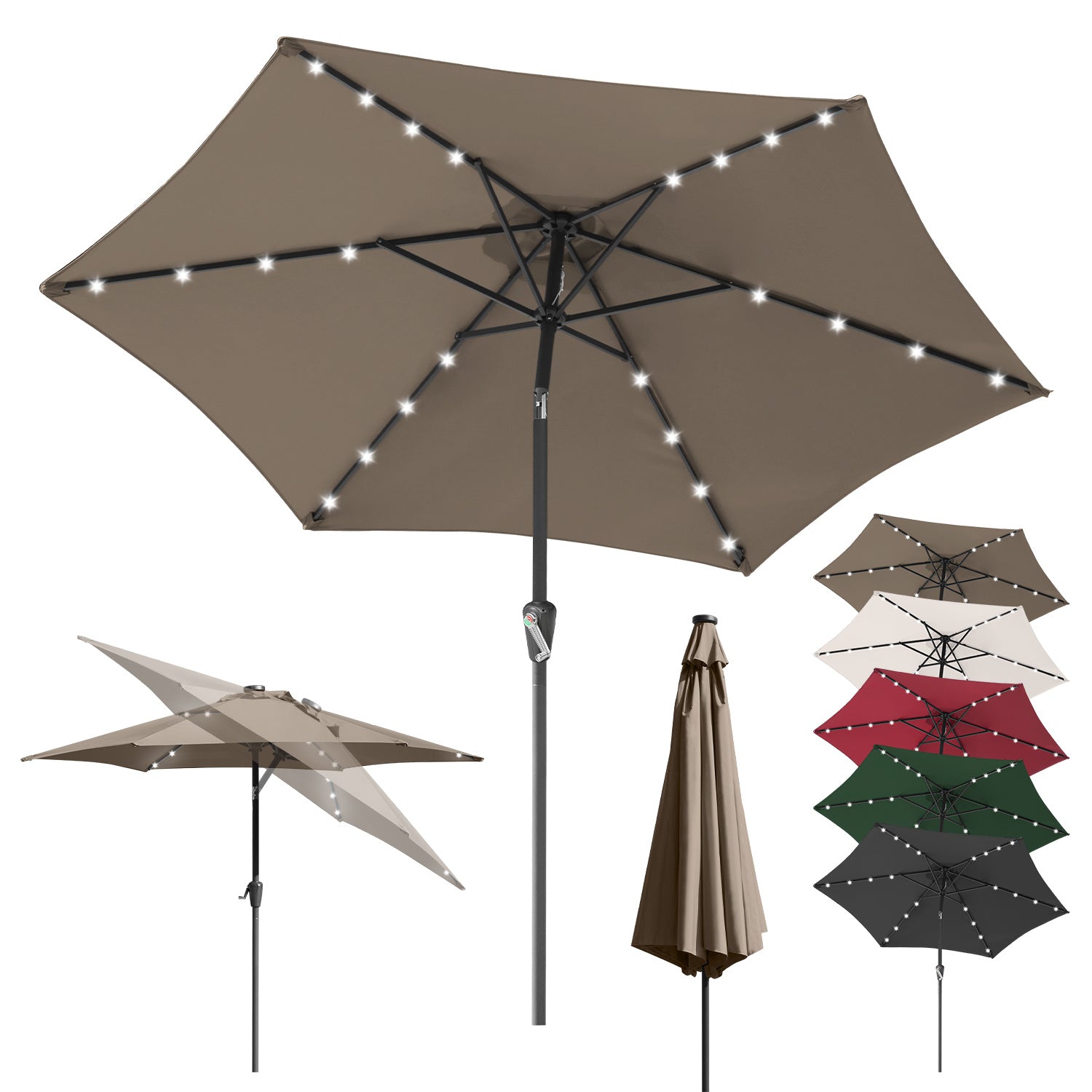 Sonnenschirm 270cm Anthrazit Solar LED Gartenschirm knickbar & ohne Ständer,Terassenschirm Neigungswinkel Sonnenschirme Großschirm für Balkon,Terrasse,Rundschirm mit kurbel, In fünf Farben erhältlich