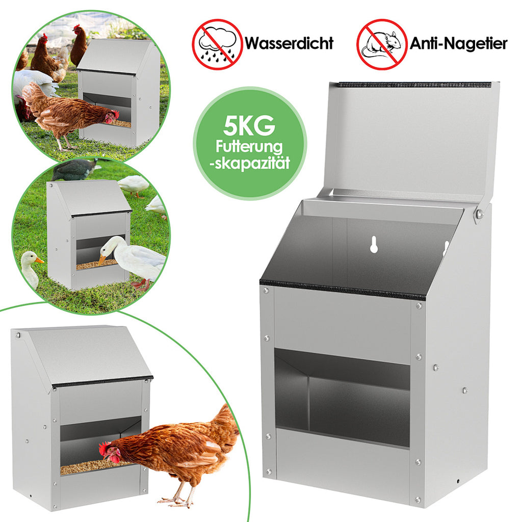 Verzinkter Stahl-Hühnerfuttertrog mit Deckel und Wandhalterung, geeignet als Futtertrog für Hühner, Enten und anderes Geflügel, inklusive Handschuhen, Futterschaufel und Pickschutzleiste