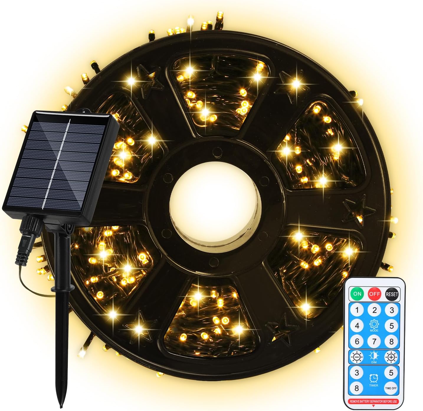 30/50/80/100 Meter lange Solar-Lichterkette für den Außenbereich, 300/500/800/1000 LED-Lämpchen, warmweißes Licht, USB-Aufladung und Solarstromversorgung, 8 Beleuchtungsmodi und Timer-Funktion, Schutzklasse IP44