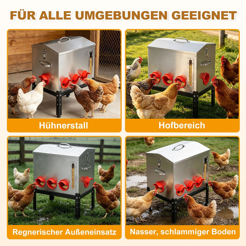 Automatischer Hühnerfutterautomat 22,6 kg mit 8 Futteröffnungen aus verzinktem Metall