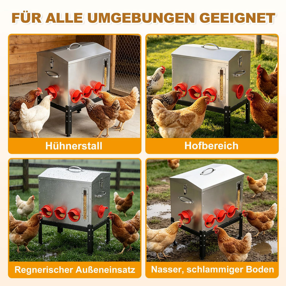 Automatischer Hühnerfutterautomat 22,6 kg mit 8 Futteröffnungen aus verzinktem Metall