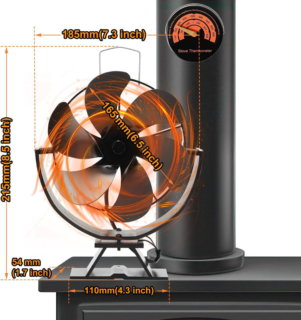 Kaminventilator mit 6 Flügeln – winkelverstellbar – mit Thermometer – Wärmeverteilungsvorrichtung – geeignet für Holzöfen, Kamine, Feuerstellen und Ofenrohre