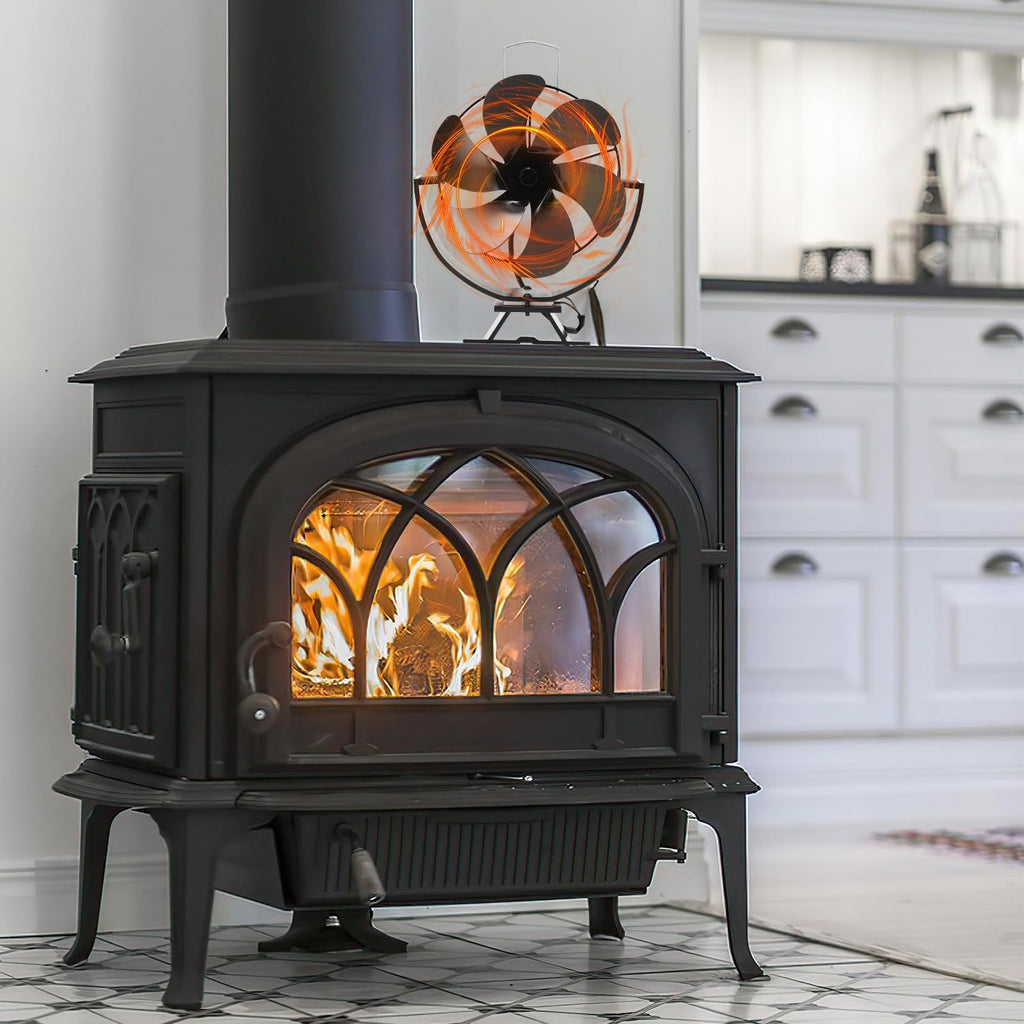 Kaminventilator mit 6 Flügeln – winkelverstellbar – mit Thermometer – Wärmeverteilungsvorrichtung – geeignet für Holzöfen, Kamine, Feuerstellen und Ofenrohre
