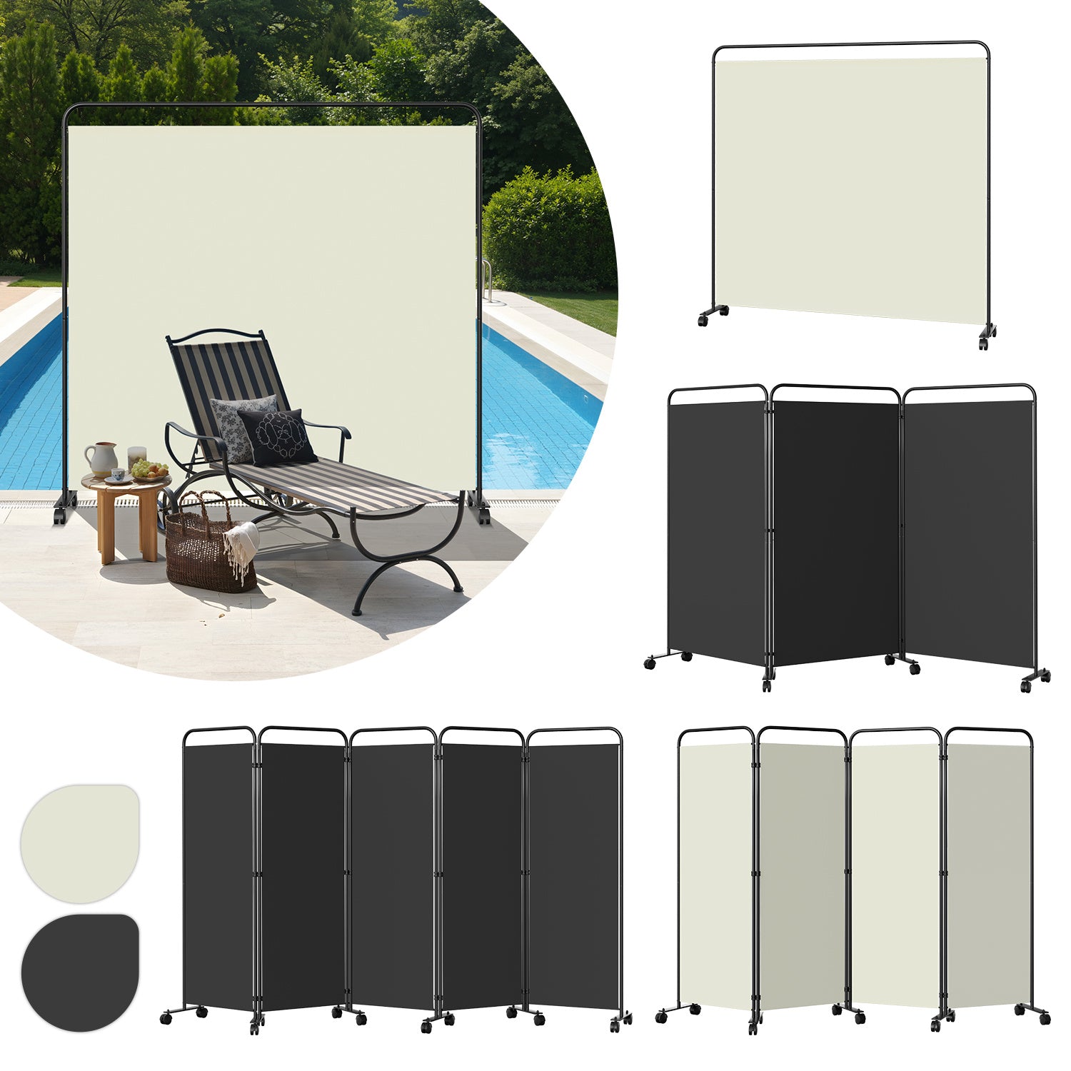 Rollbarer Raumteiler für Terrasse und Balkon, 360°-Raumteiler, Sichtschutz, zusammenklappbar und freistehend, geeignet für Garten, Büro und Terrasse, 185/228/263/284 cm