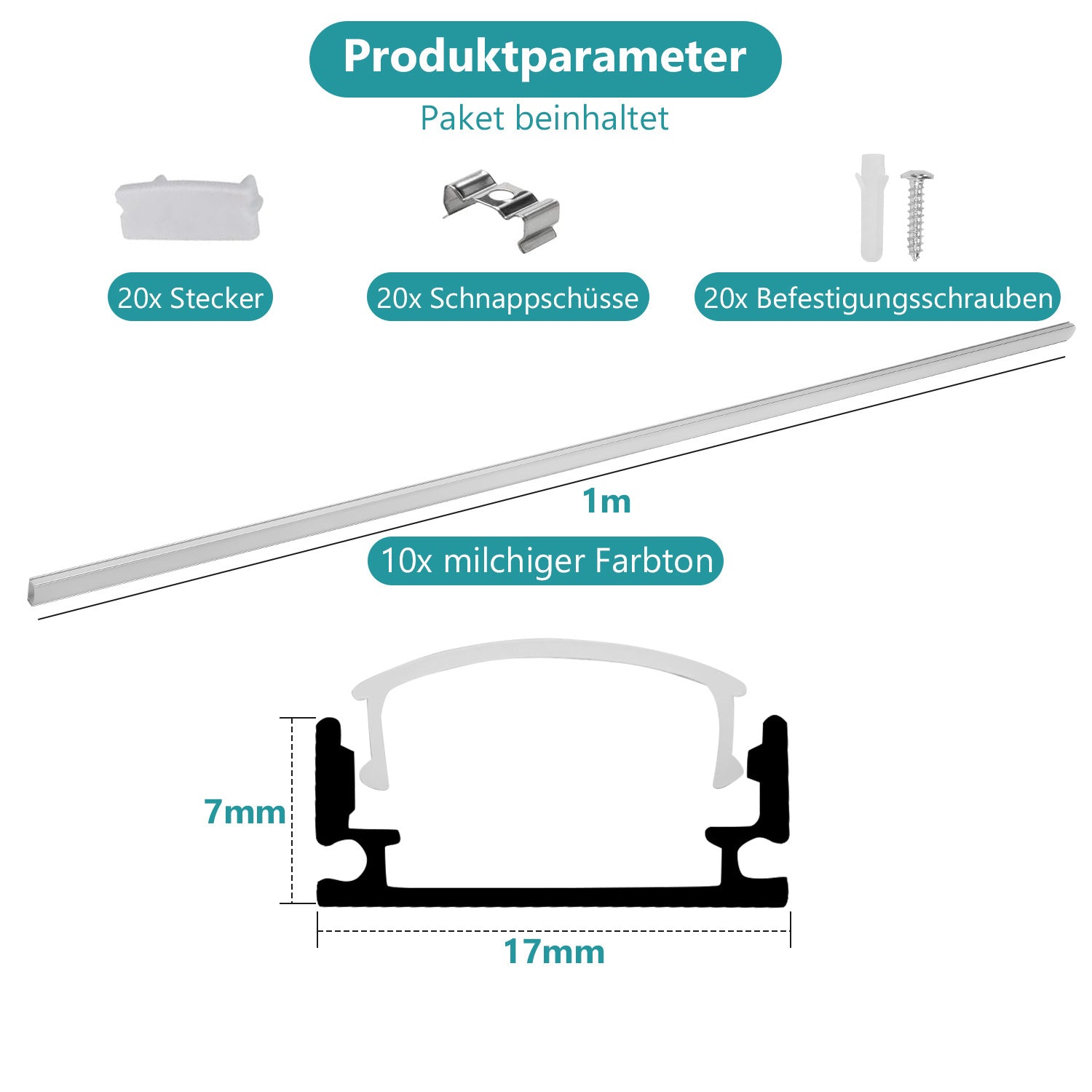 1 Meter lange LED-Aluminiumprofil-Lichtschiene, V-förmige/U-förmige Aluminiumprofile, LED-Schiene mit milchweißen Endkappen und Befestigungsklammern, geeignet für LED-Lichtbänder (Breite bis zu 12,5 mm), LED-Diffusorplatten, 10–50 Stück