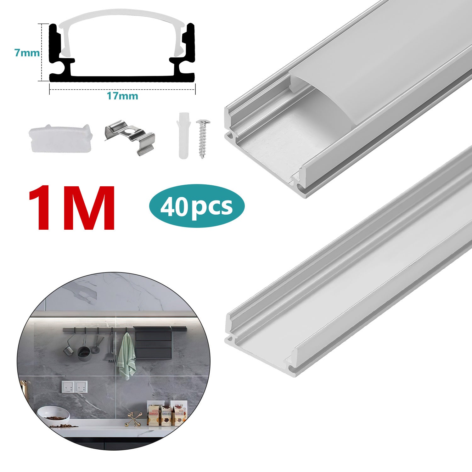 1 Meter lange LED-Aluminiumprofil-Lichtschiene, V-förmige/U-förmige Aluminiumprofile, LED-Schiene mit milchweißen Endkappen und Befestigungsklammern, geeignet für LED-Lichtbänder (Breite bis zu 12,5 mm), LED-Diffusorplatten, 10–50 Stück